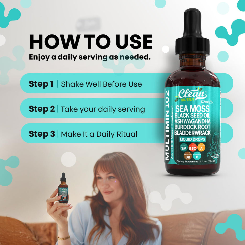 Clean Nutraceuticals Sea Moss Drops – Organic Multimineral Sea Moss Liquid with Ashwagandha & Black Seed Oil