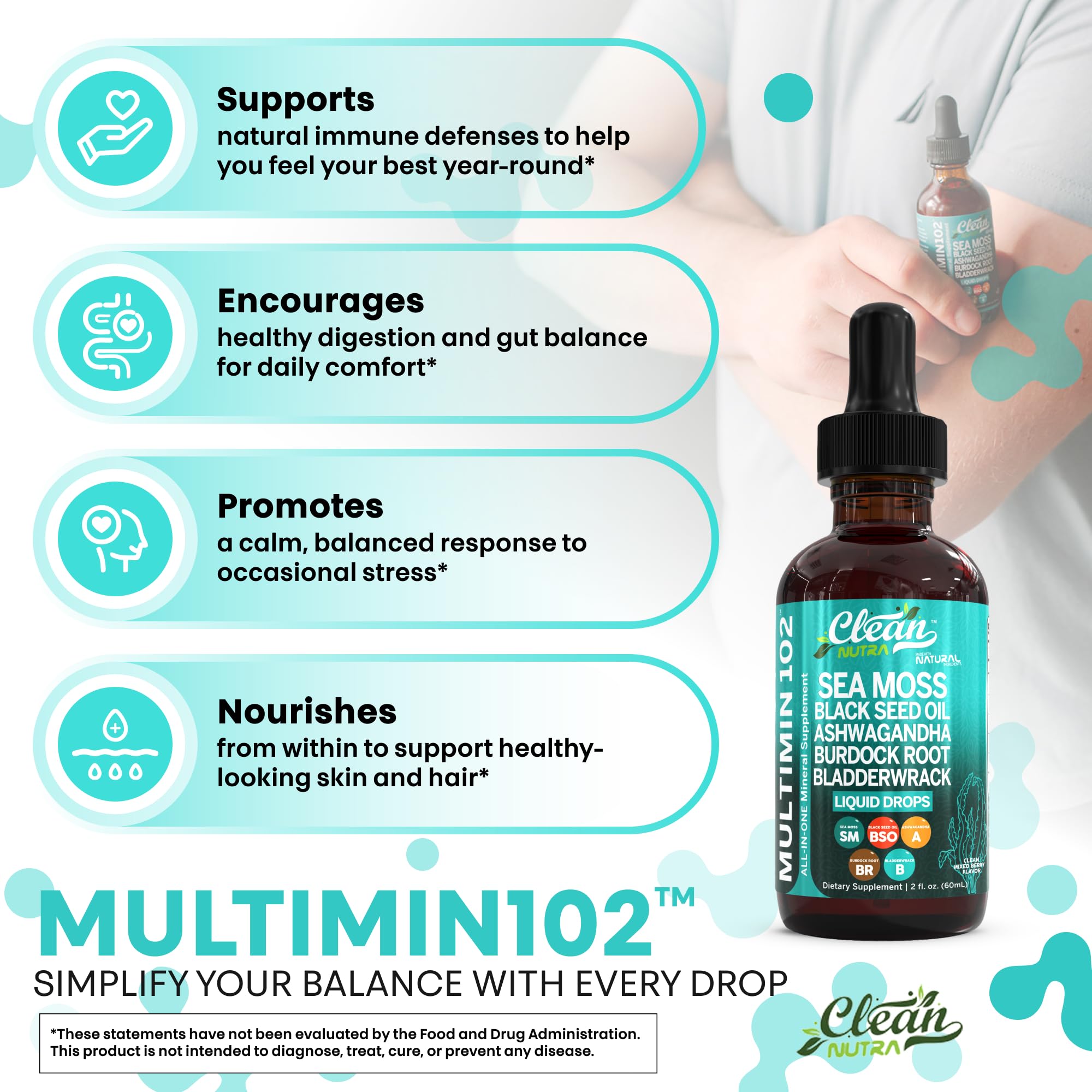 Clean Nutraceuticals Sea Moss Drops – Organic Multimineral Sea Moss Liquid with Ashwagandha & Black Seed Oil