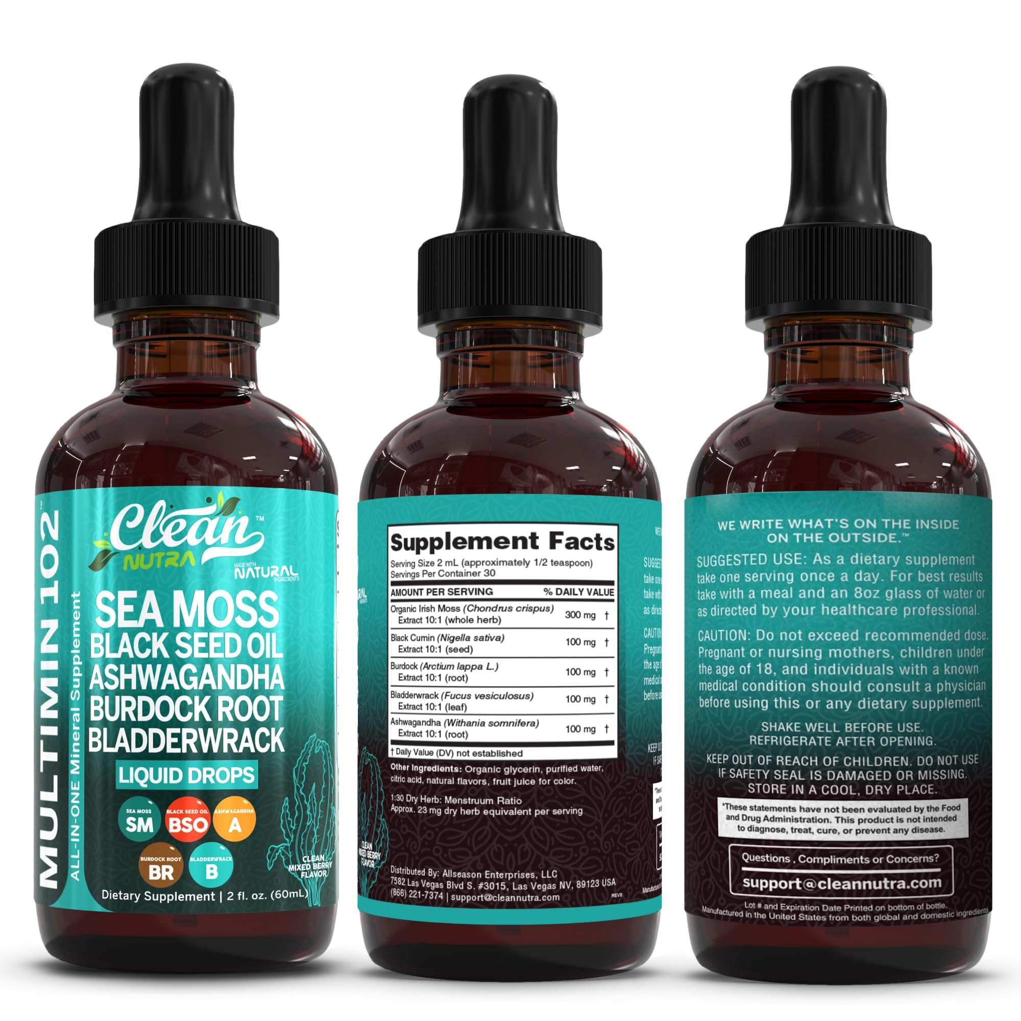 Clean Nutraceuticals Sea Moss Drops – Organic Multimineral Sea Moss Liquid with Ashwagandha & Black Seed Oil