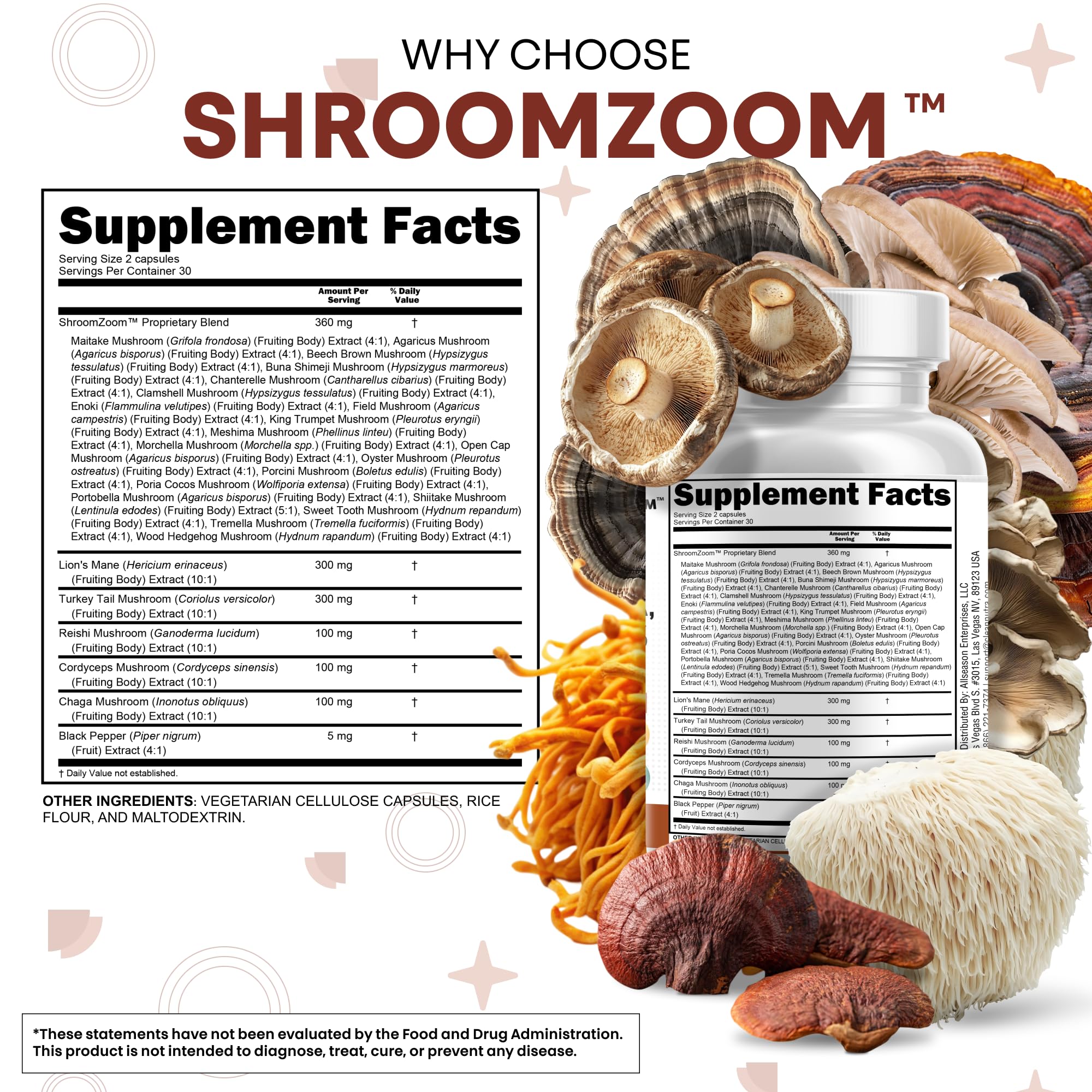 Clean Nutraceuticals 20-in-1 Mushroom Supplement – Lions Mane, Turkey Tail & More (1 Pack)