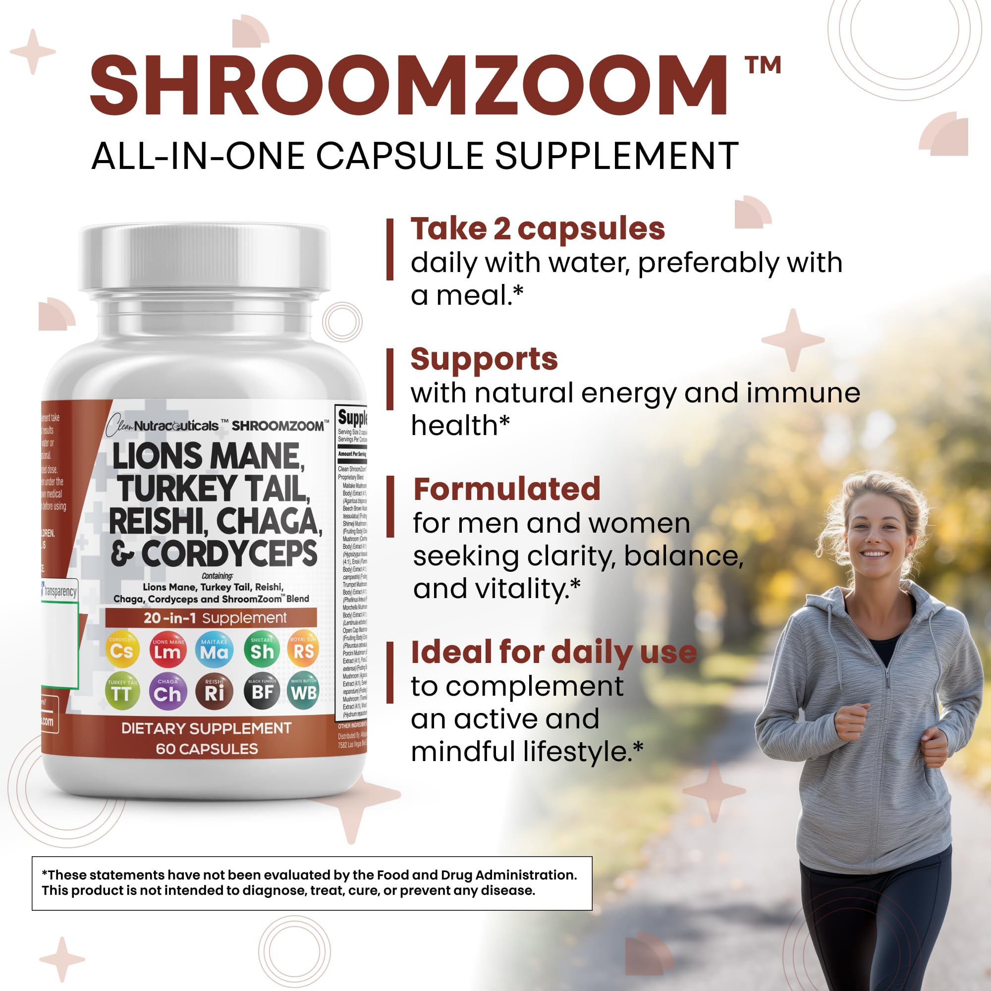 Clean Nutraceuticals 20-in-1 Mushroom Supplement – Lions Mane, Turkey Tail & More (1 Pack)