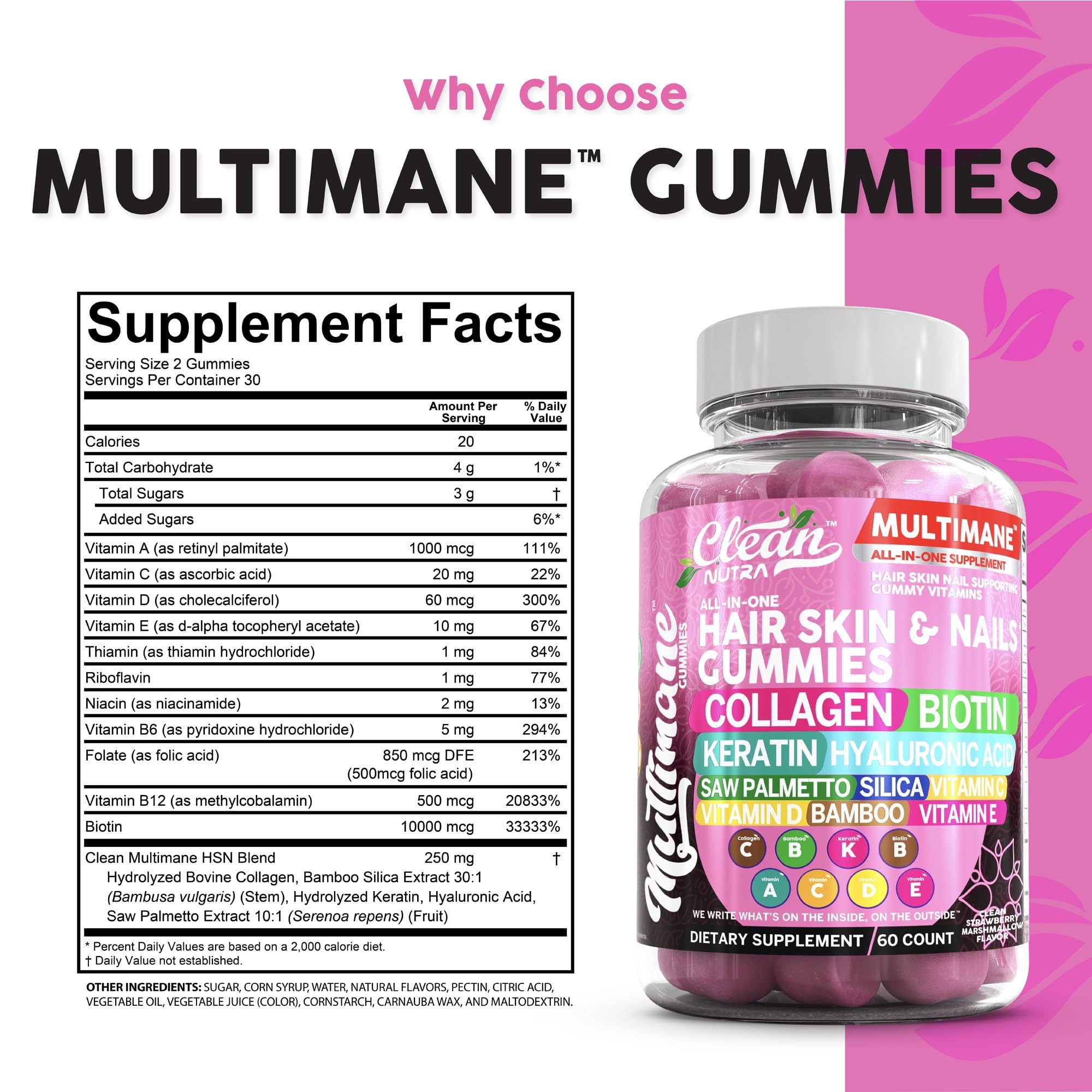 Clean Nutraceuticals Biotin Collagen Keratin Gummies | Hair, Skin & Nails Vitamins for Women