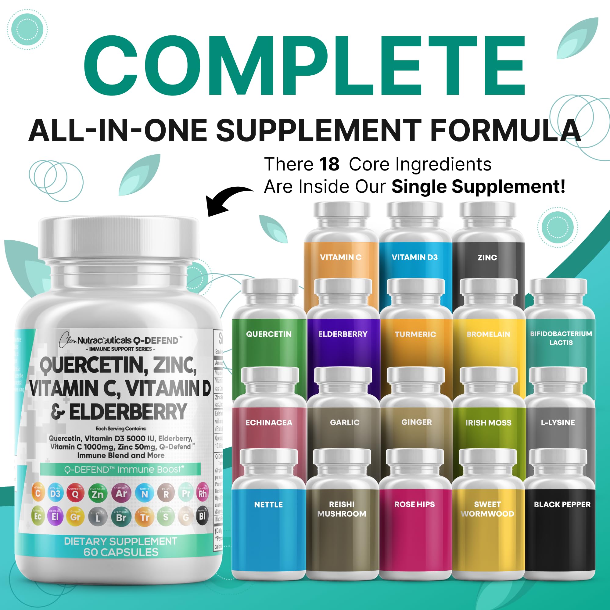 Clean Nutraceuticals Quercetin, Zinc, Vitamin C & D, Bromelain, Elderberry – Lung Immune Support (60 Count x 2)