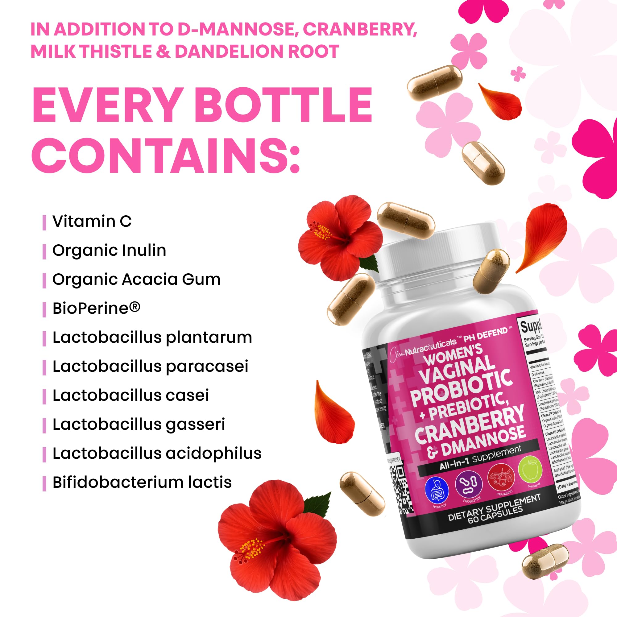 Clean Nutraceuticals Vaginal Probiotics + Prebiotics, 20B CFU Cranberry + D-Mannose Pills – 2-Pack
