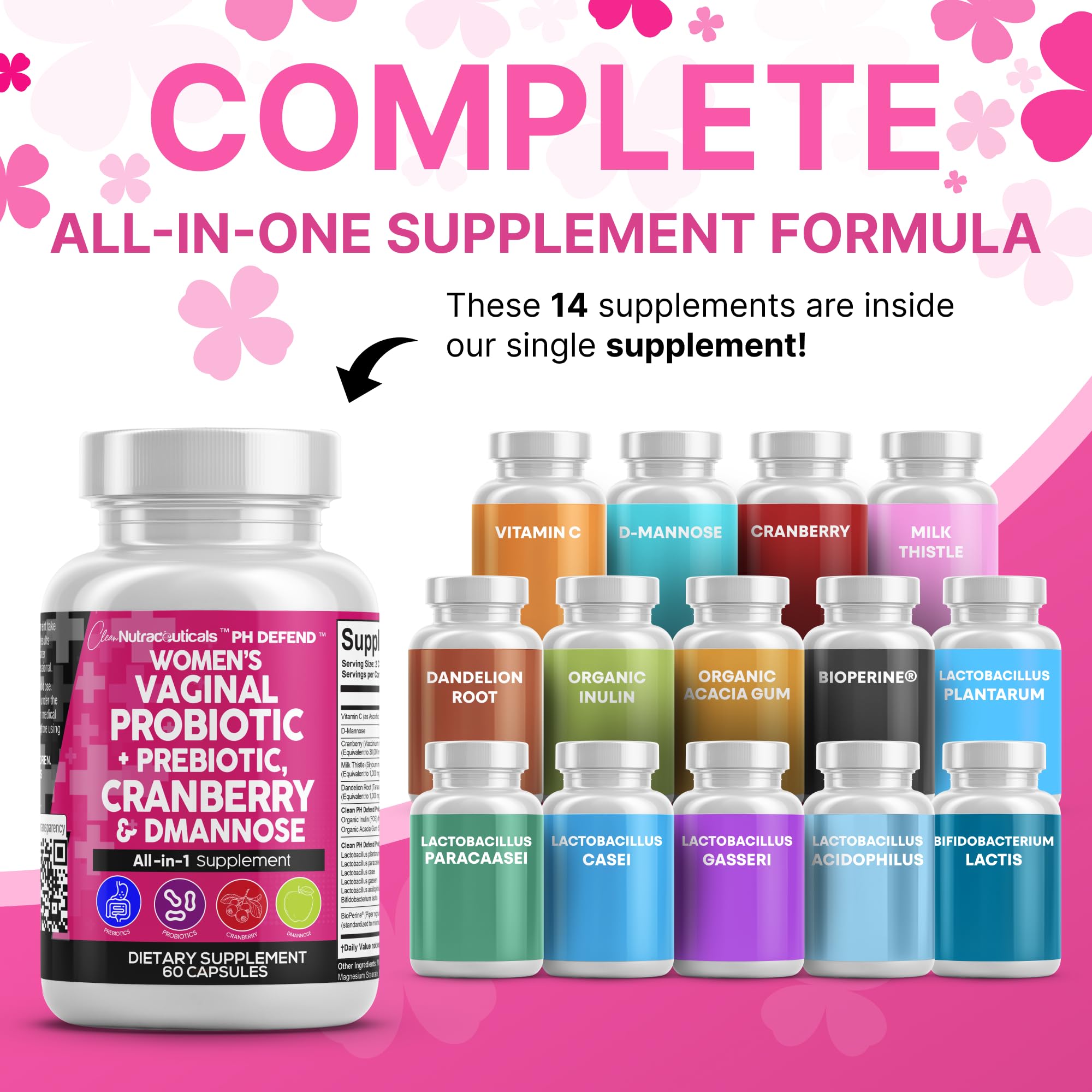 Clean Nutraceuticals Vaginal Probiotics + Prebiotics, 20B CFU Cranberry + D-Mannose Pills – 2-Pack