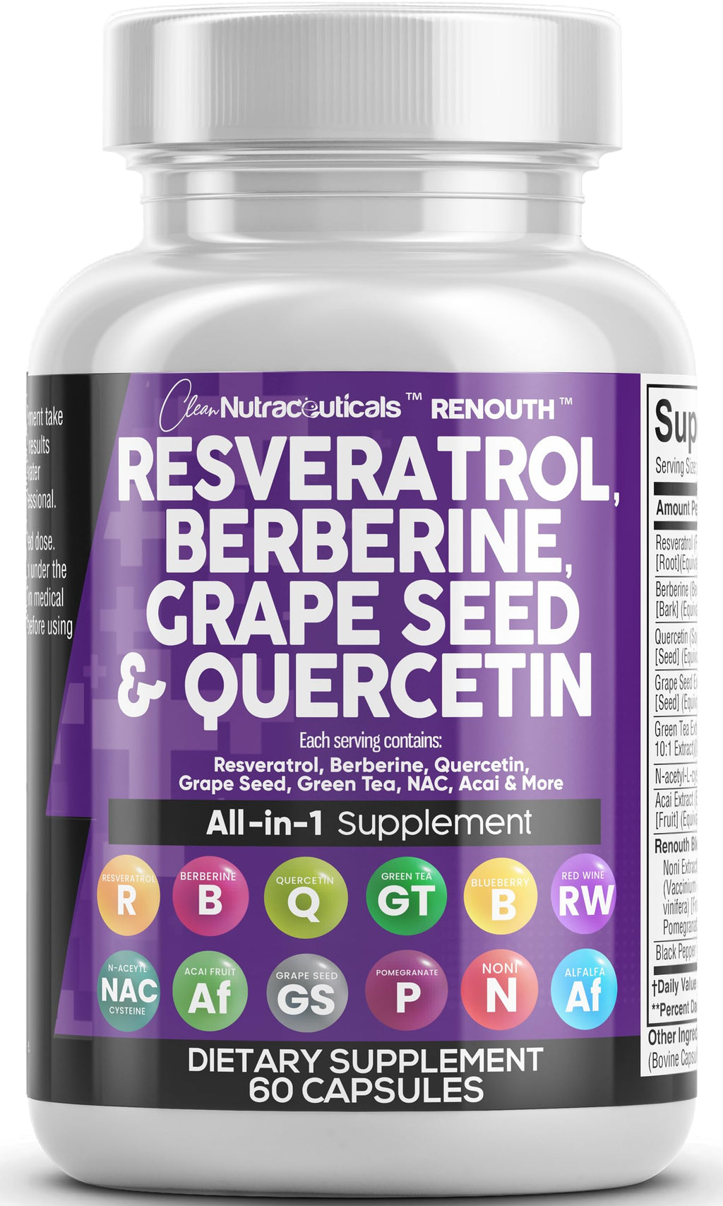 Clean Resveratrol Supplement with Berberine, Grape Seed & Quercetin
