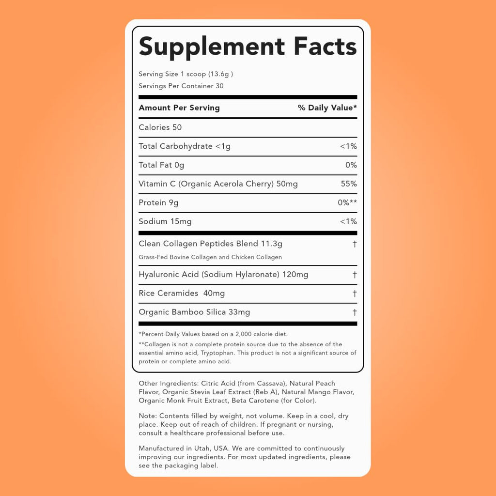 Clean Simple Eats Collagen Powder + Beauty Blend, Peach Mango – 11g Hydrolyzed Collagen, Hyaluronic Acid, 30 Servings