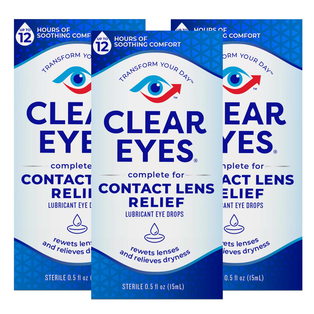 Clear Eyes Contact Lens Relief Eye Drops - Rewet Lenses & Dry Eye Comfort (0.5 fl oz, Pack of 3)