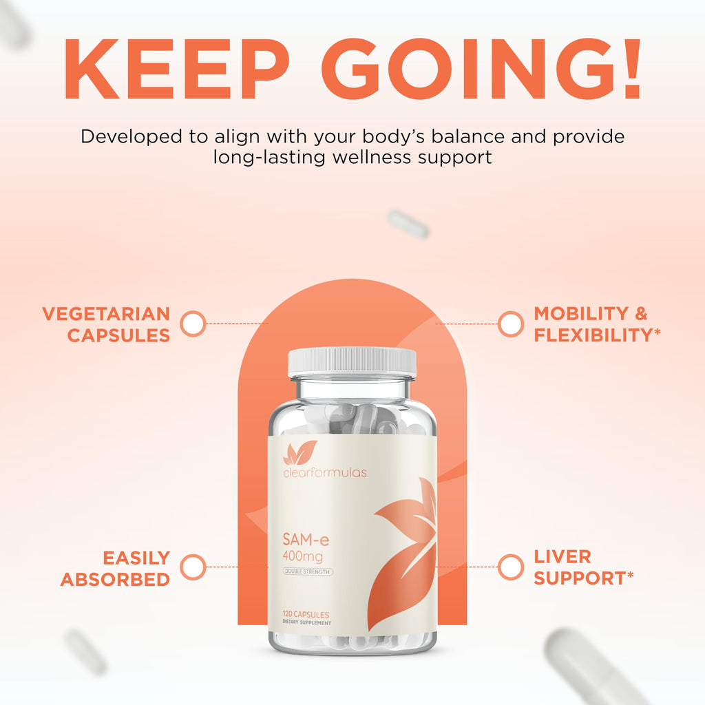 Clear Formulas Bioactive SAM-e 400mg | Mood & Liver Support | Vegan, Non-GMO | Made in USA
