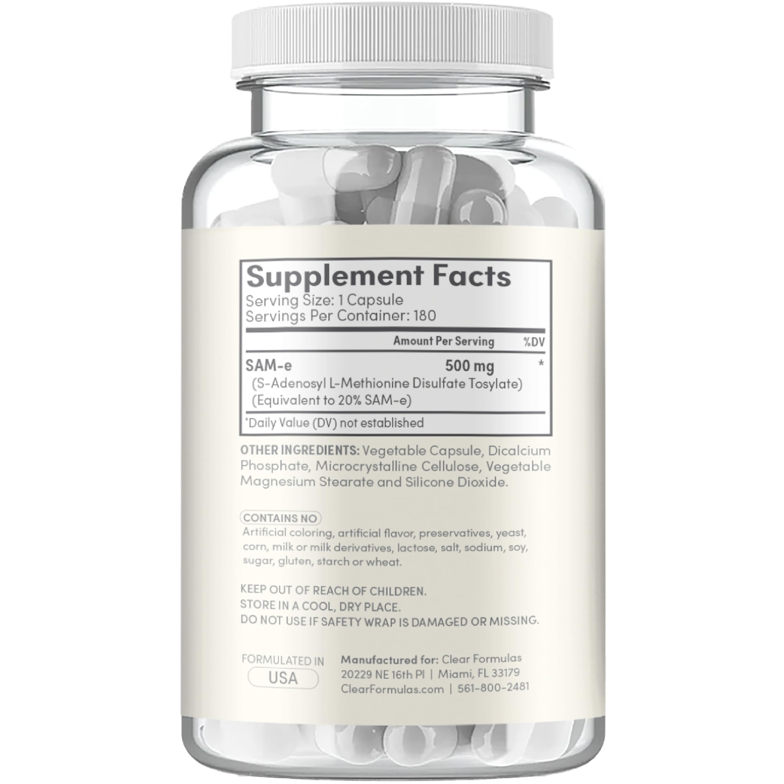 Clear Formulas SAM-e 500mg - High Strength Bioactive SAM-e for Liver & Mood Support