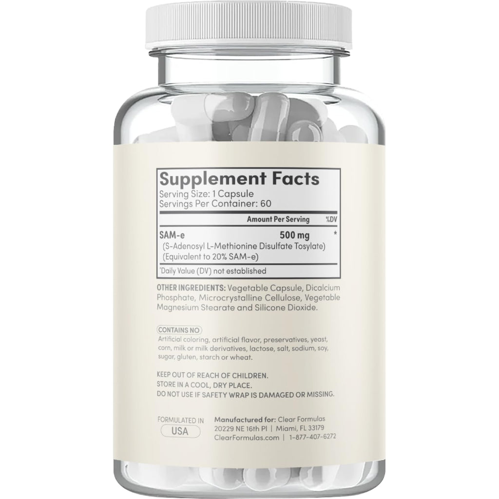 Clear Formulas Bioactive SAM-e 500mg – Mood & Liver Support (Vegan, Non-GMO, Made in USA)