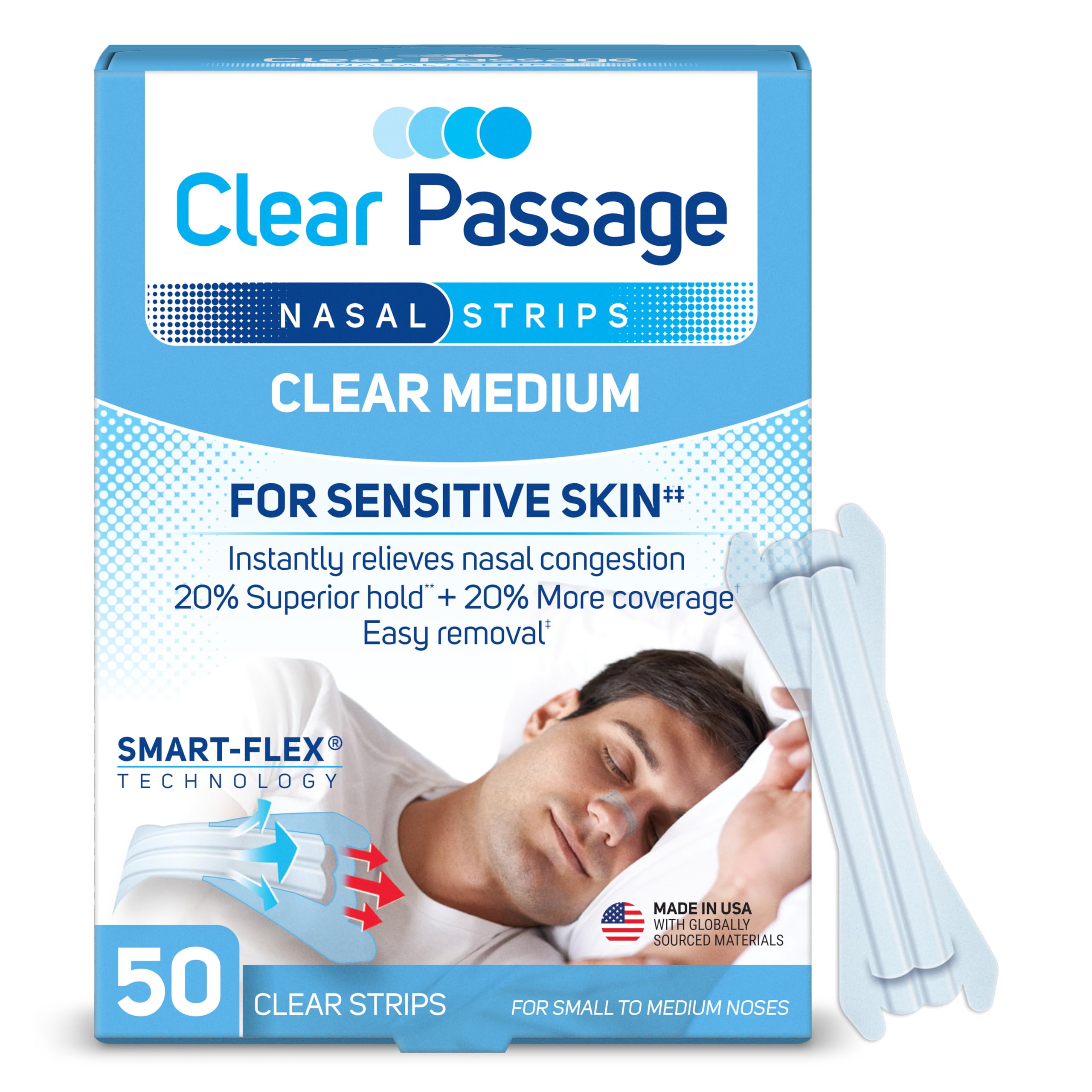 Clear Passage Nasal Strips Medium, Clear – 50 Count | Instant Breathing, Sleep Support, Snoring Reduction