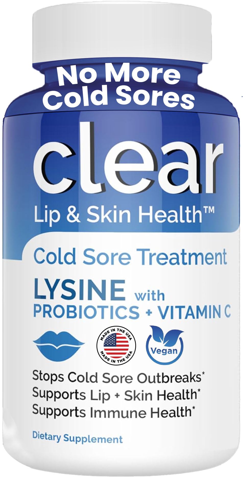 Clear Probiotics Lysine Cold Sore Treatment for Lips – Probiotic Lysine + Vitamin C – 180 Capsules