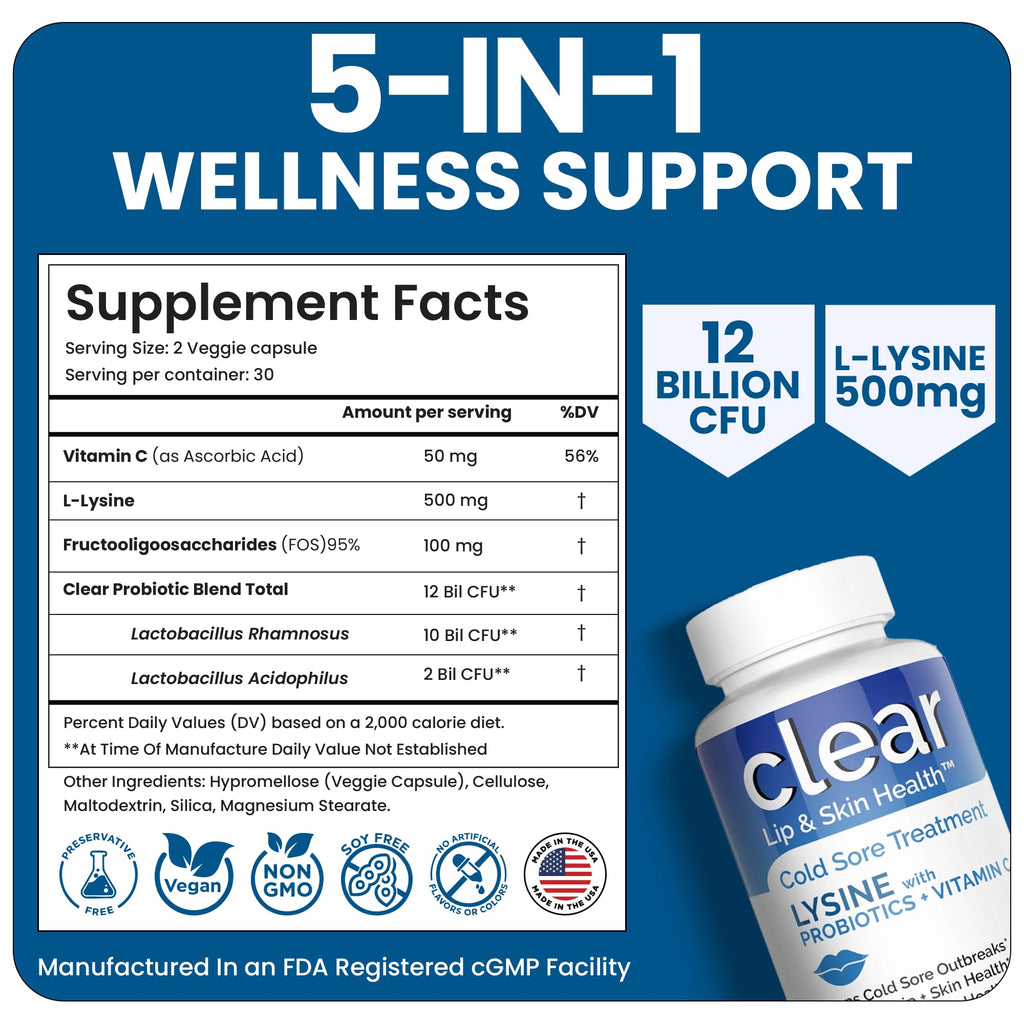 Clear Probiotics Lysine Cold Sore Treatment for Lips – Probiotic Lysine + Vitamin C – 180 Capsules