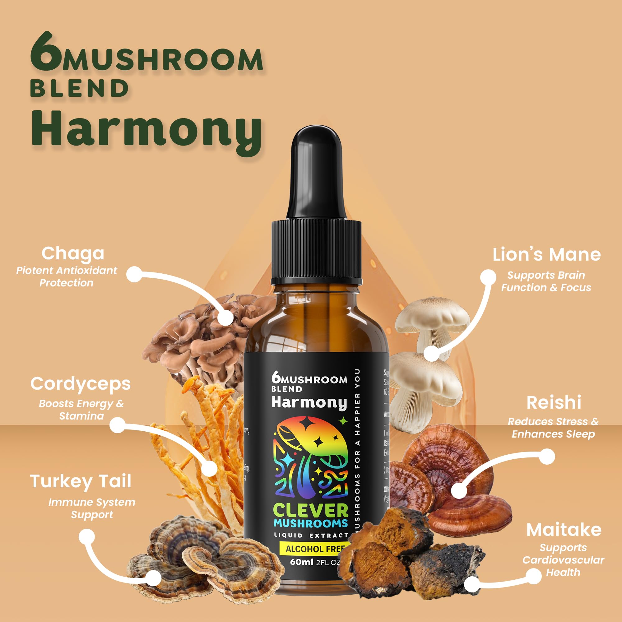 CLEVER MUSHROOMS 6 Blend Liquid Extract – Alcohol-Free, Immune Support & Cognitive Health