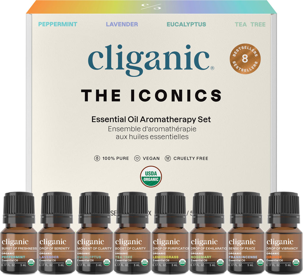 Cliganic Organic Aromatherapy Essential Oils Gift Set (Top 8 Iconics) – 100% Pure
