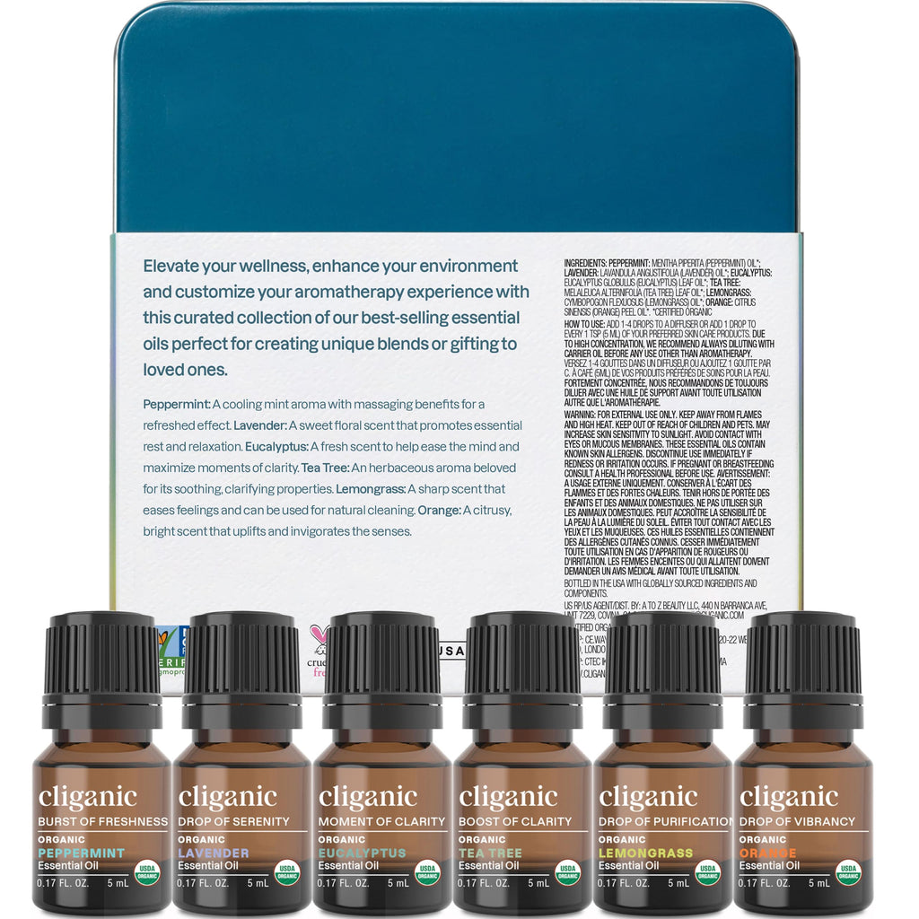 Cliganic Organic Aromatherapy Essential Oils Set (Top 6) – The Essentials, 100% Pure & Natural