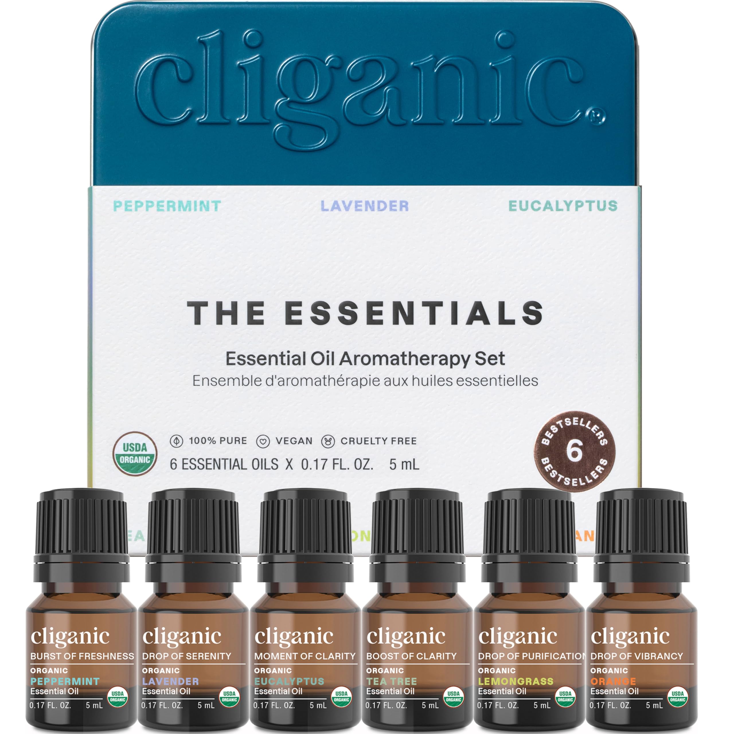Cliganic Organic Aromatherapy Essential Oils Set (Top 6) – The Essentials, 100% Pure & Natural