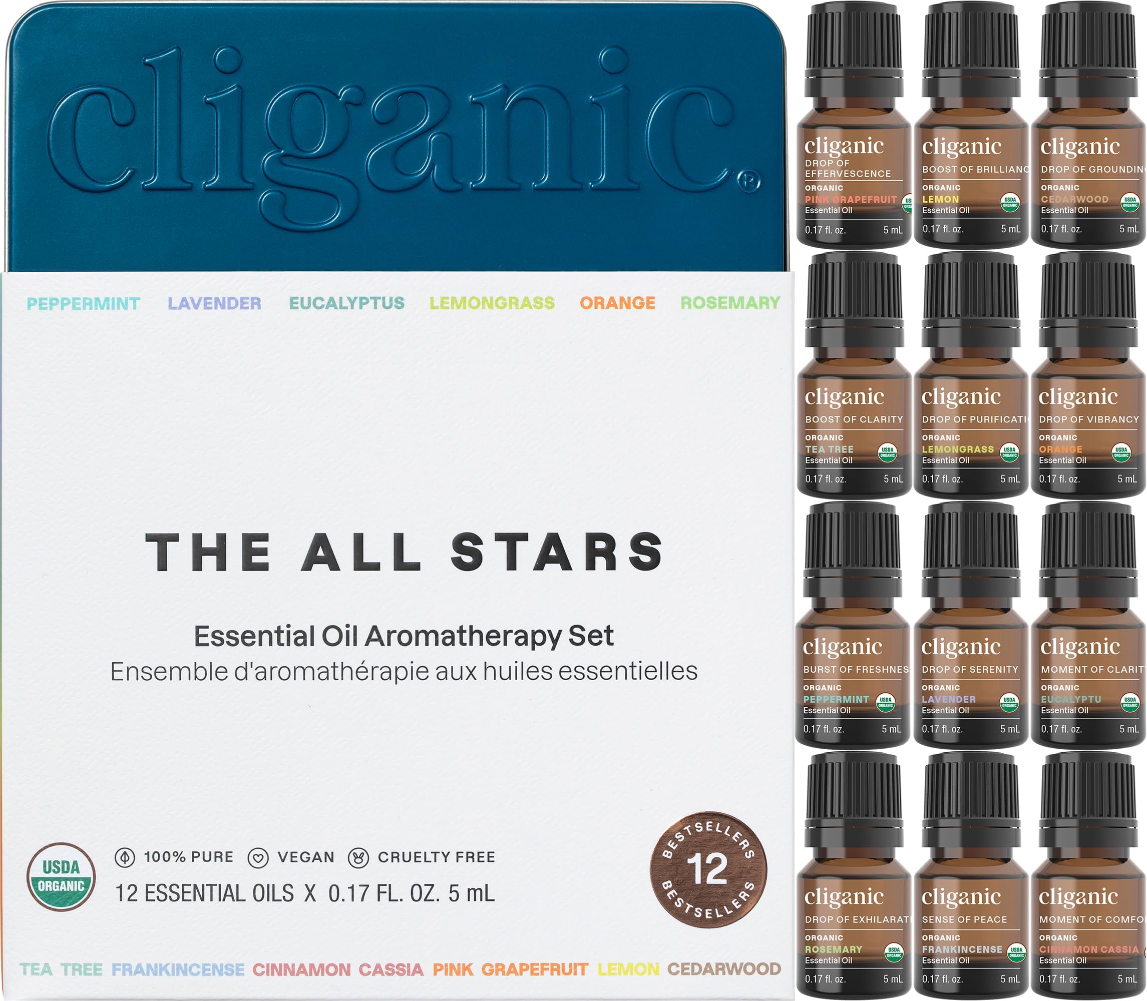 Cliganic Organic Aromatherapy Top 12 Essential Oils Set - 100% Pure