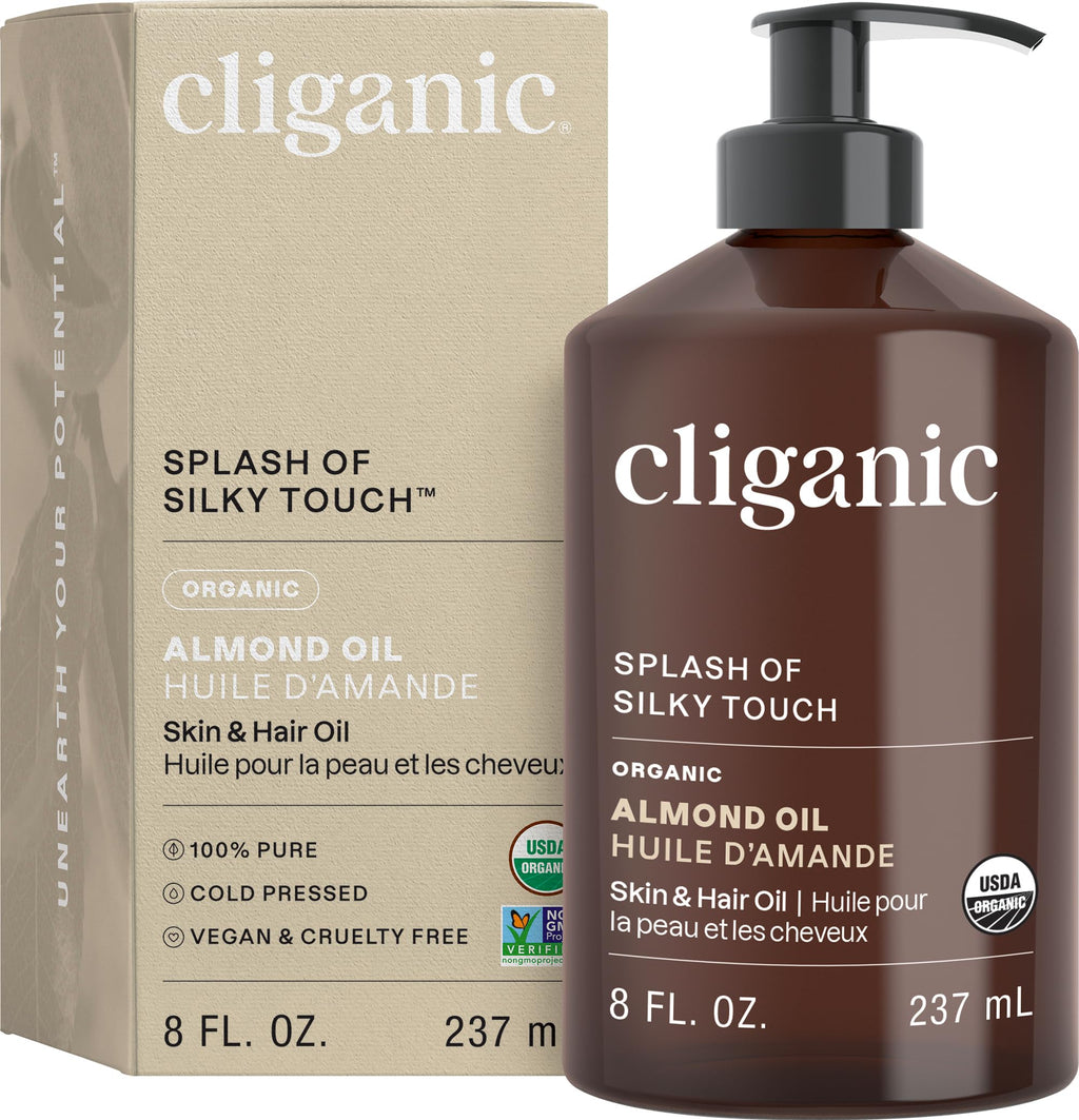 Cliganic Organic Sweet Almond Oil - 100% Pure (8oz) for Skin & Hair | Nourishing Carrier Oil