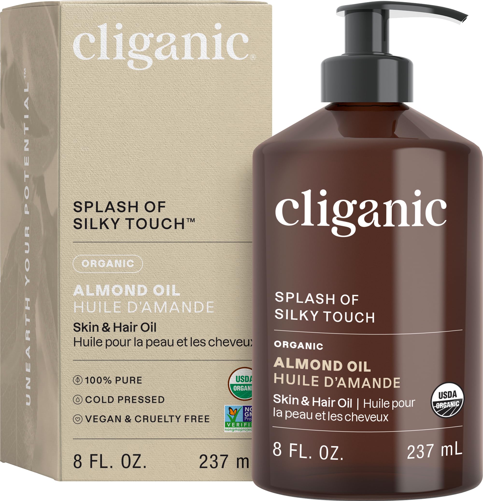 Cliganic Organic Sweet Almond Oil - 100% Pure (8oz) for Skin & Hair | Nourishing Carrier Oil