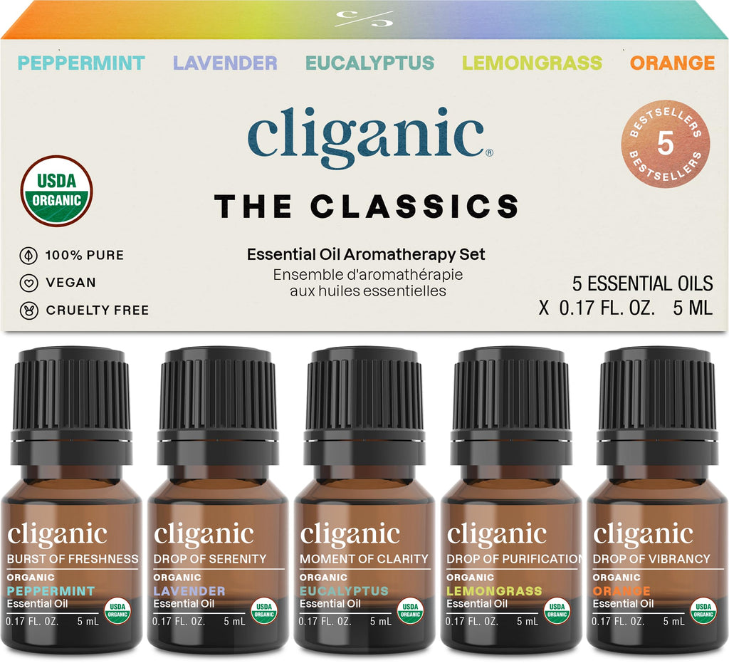 Cliganic Organic Essential Oils Set (Top 5 Classics) – 100% Pure & USDA Organic | Peppermint, Lavender, Eucalyptus, Lemongrass & Orange
