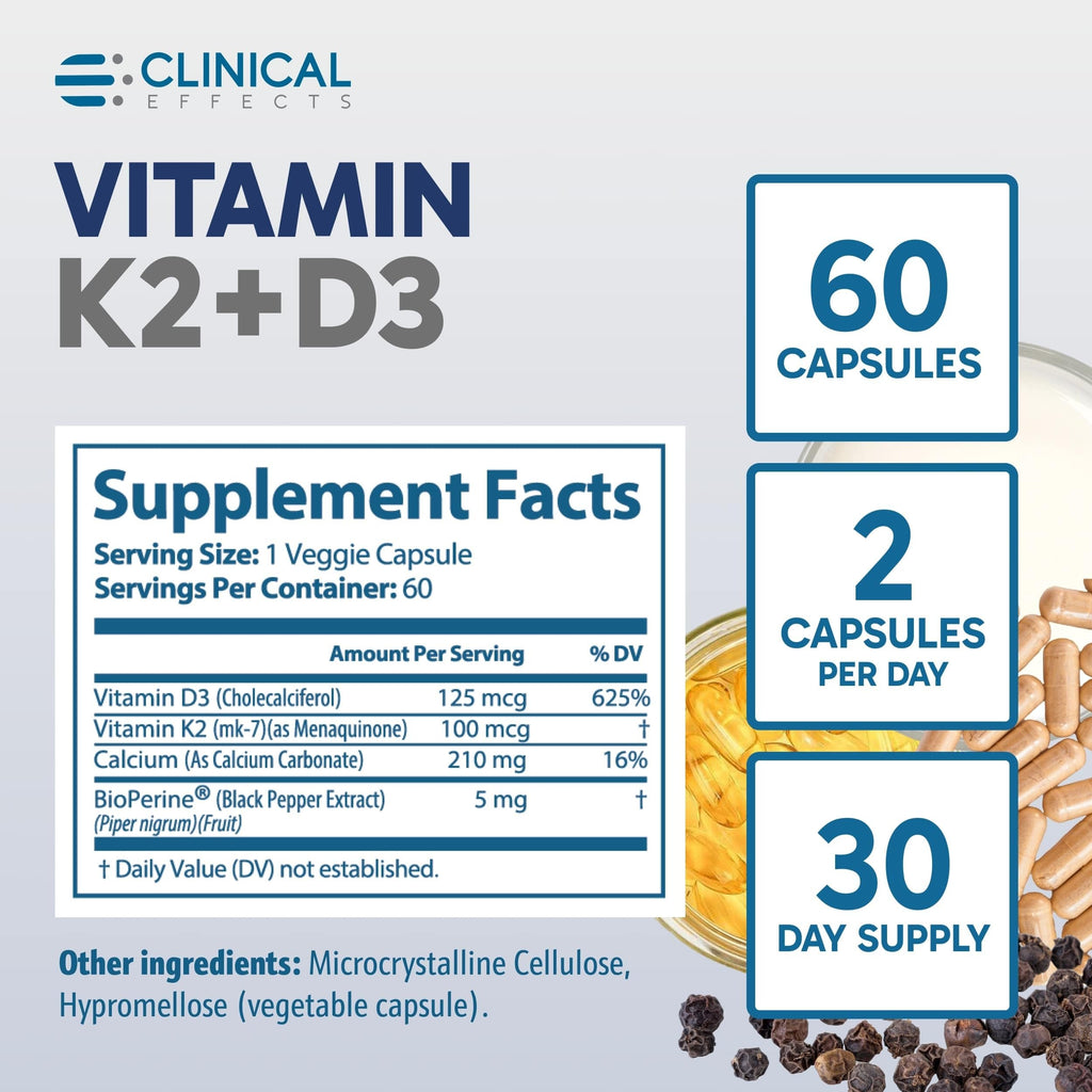 Clinical Effects Vitamin K2 + D3 60 Caps – Bone & Heart Health – USA Made