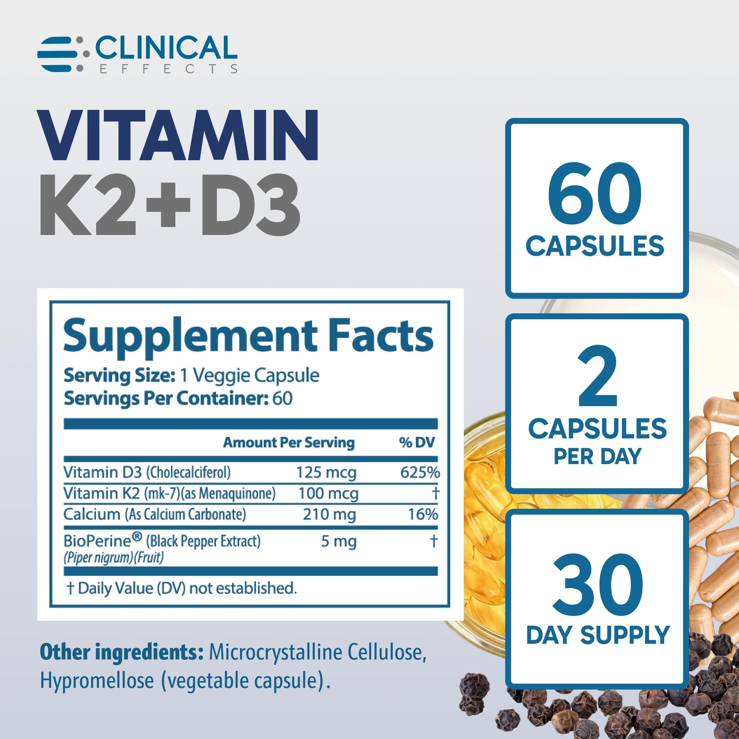 Clinical Effects Vitamin K2 + D3 60 Caps – Bone & Heart Health – USA Made