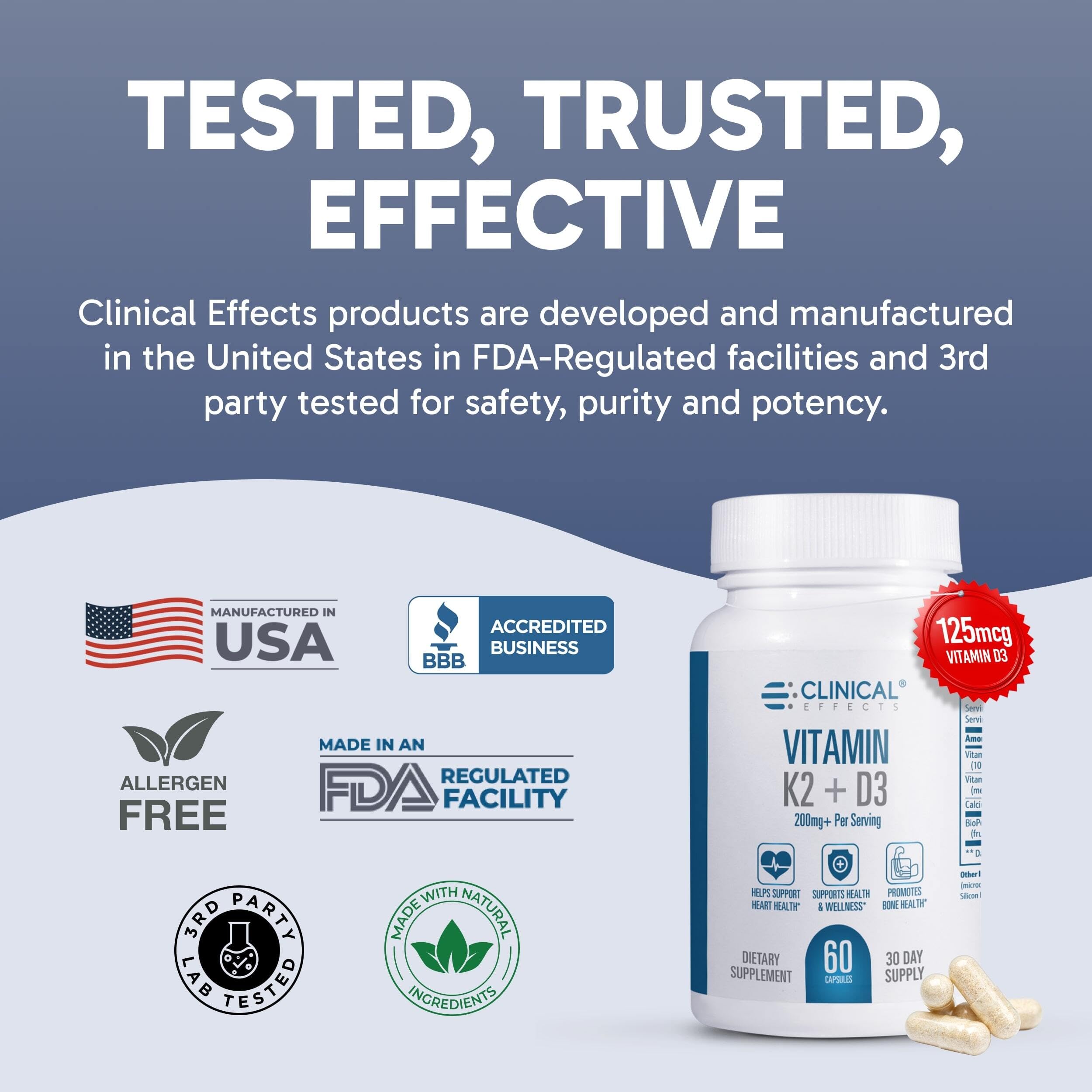 Clinical Effects Vitamin K2 + D3 60 Caps – Bone & Heart Health – USA Made
