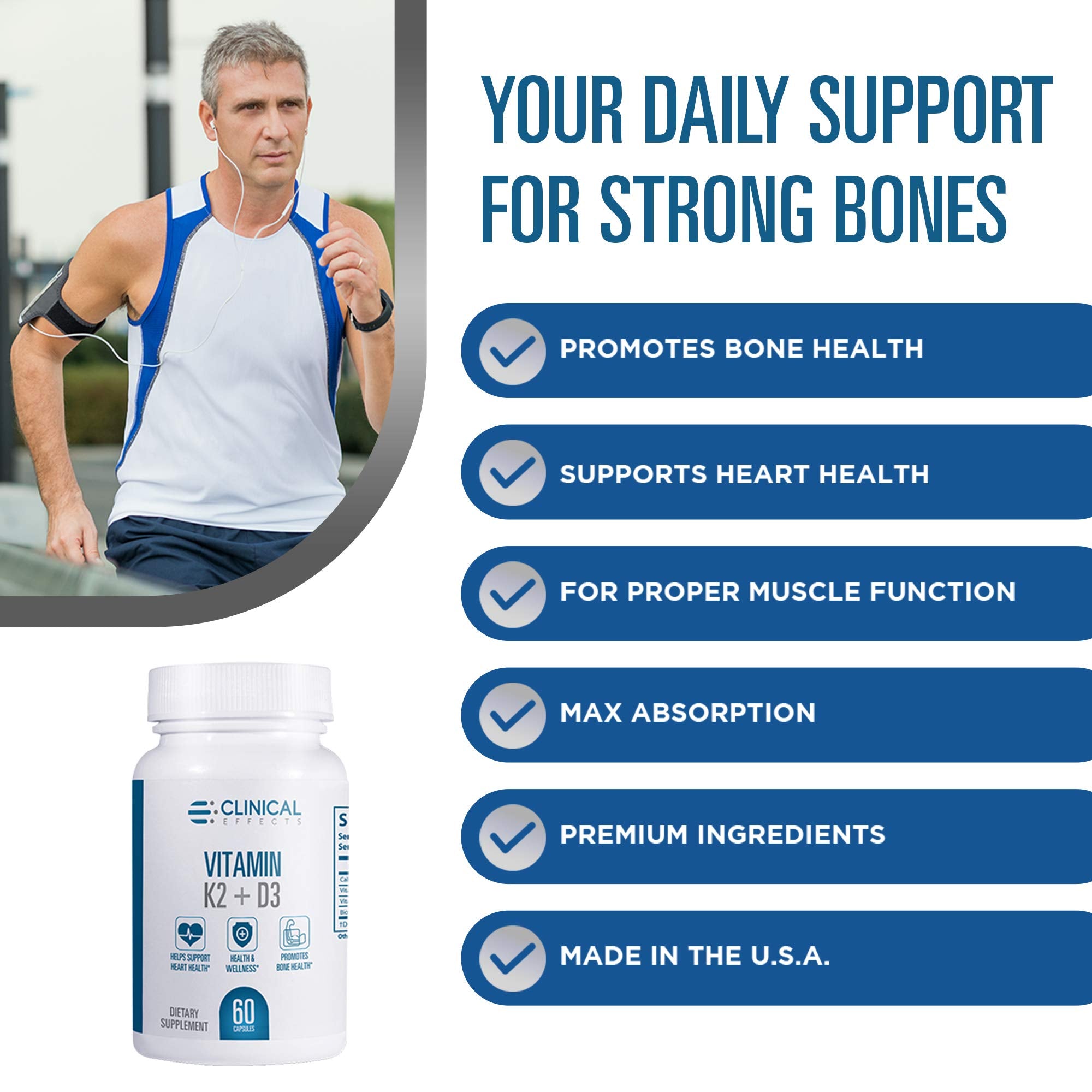 Clinical Effects Vitamin K2 + D3 | Max Absorption Bone & Heart Support | 3 Pack | Made in USA