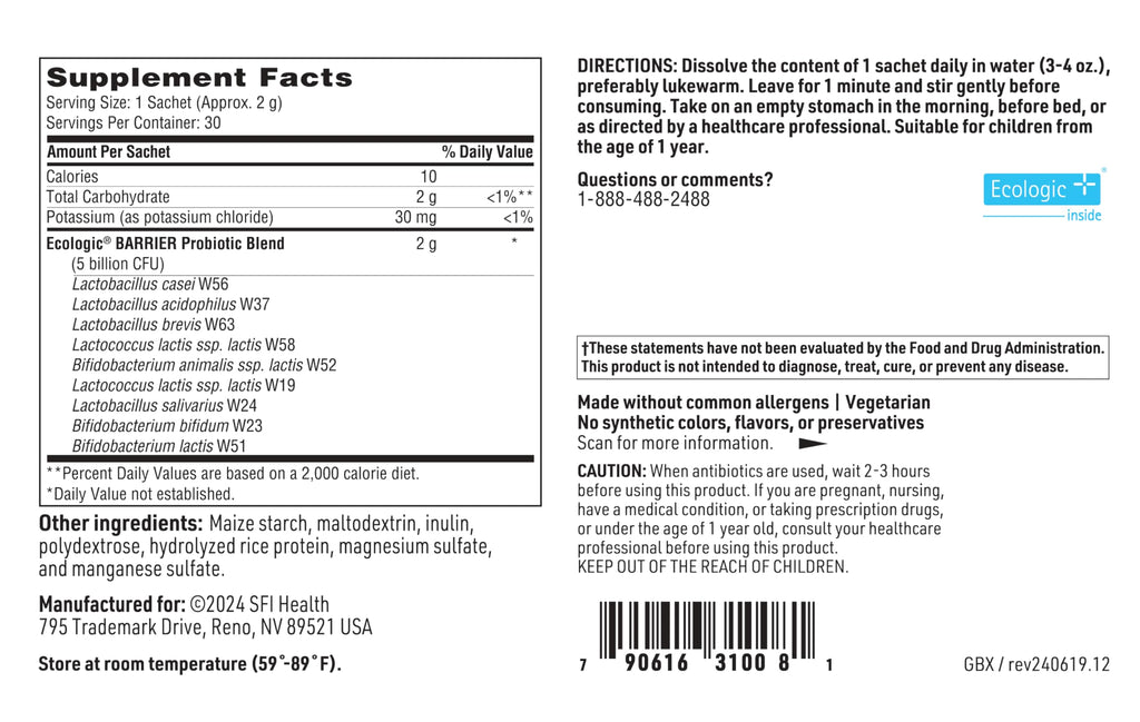 Klaire Labs SFI Health Probiotic Powder – 30 Packets, Shelf-Stable, Hypoallergenic