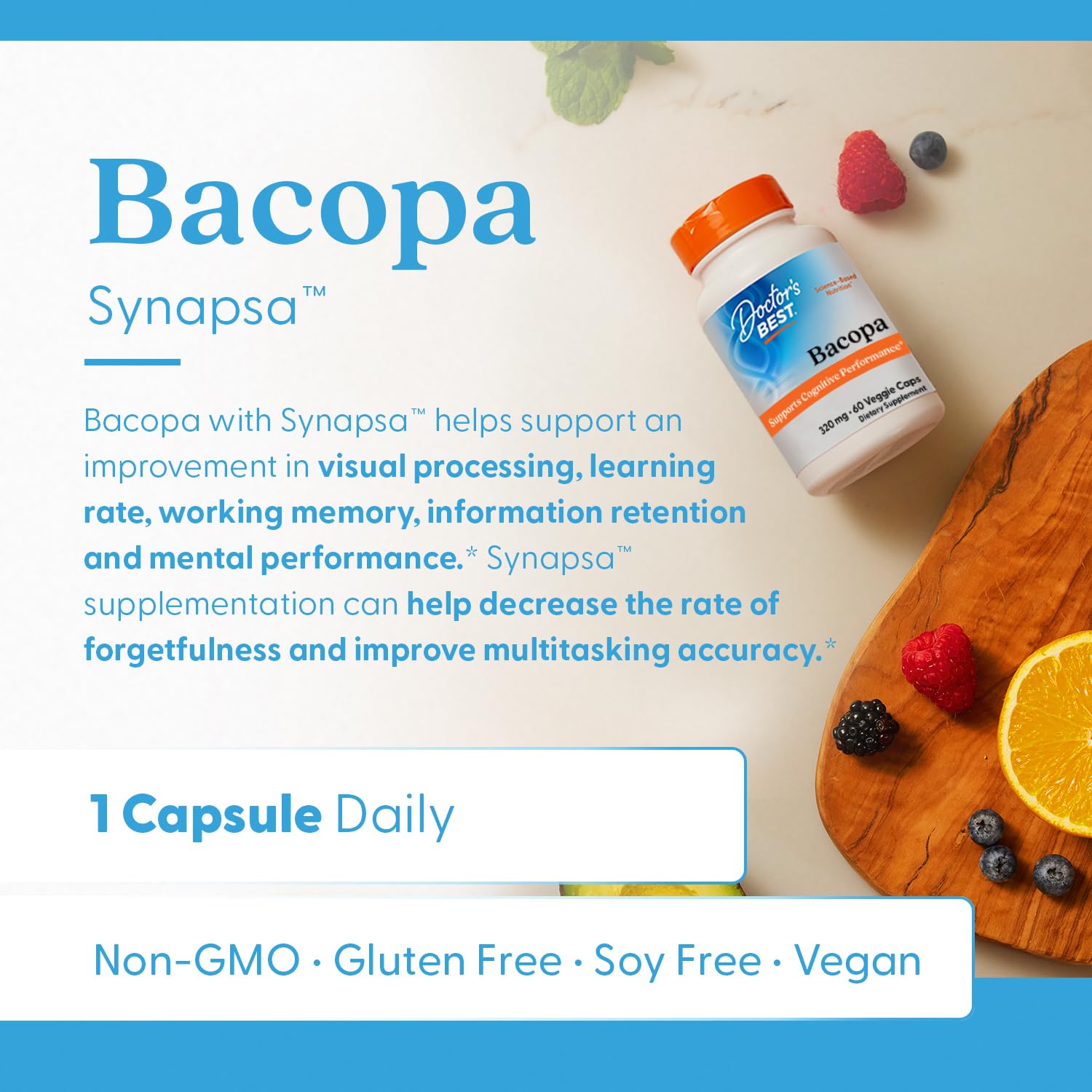 Doctor's Best Bacopa with Synapsa – Supports Cognitive Performance | Non-GMO, Gluten Free, Soy Free, Vegan | 60 Veggie Caps