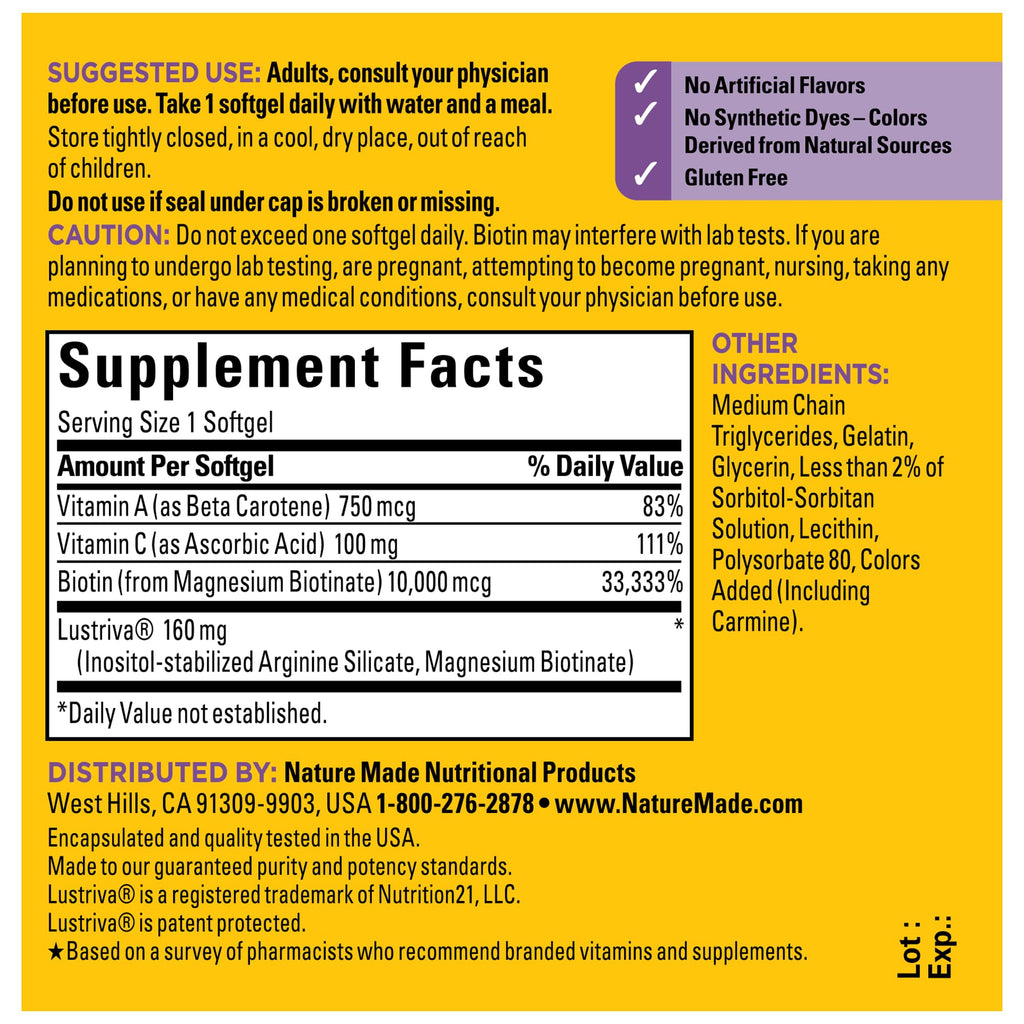 Nature Made Hair Growth Softgels with Lustriva – Biotin 10000mcg, A & C, 30 Softgels