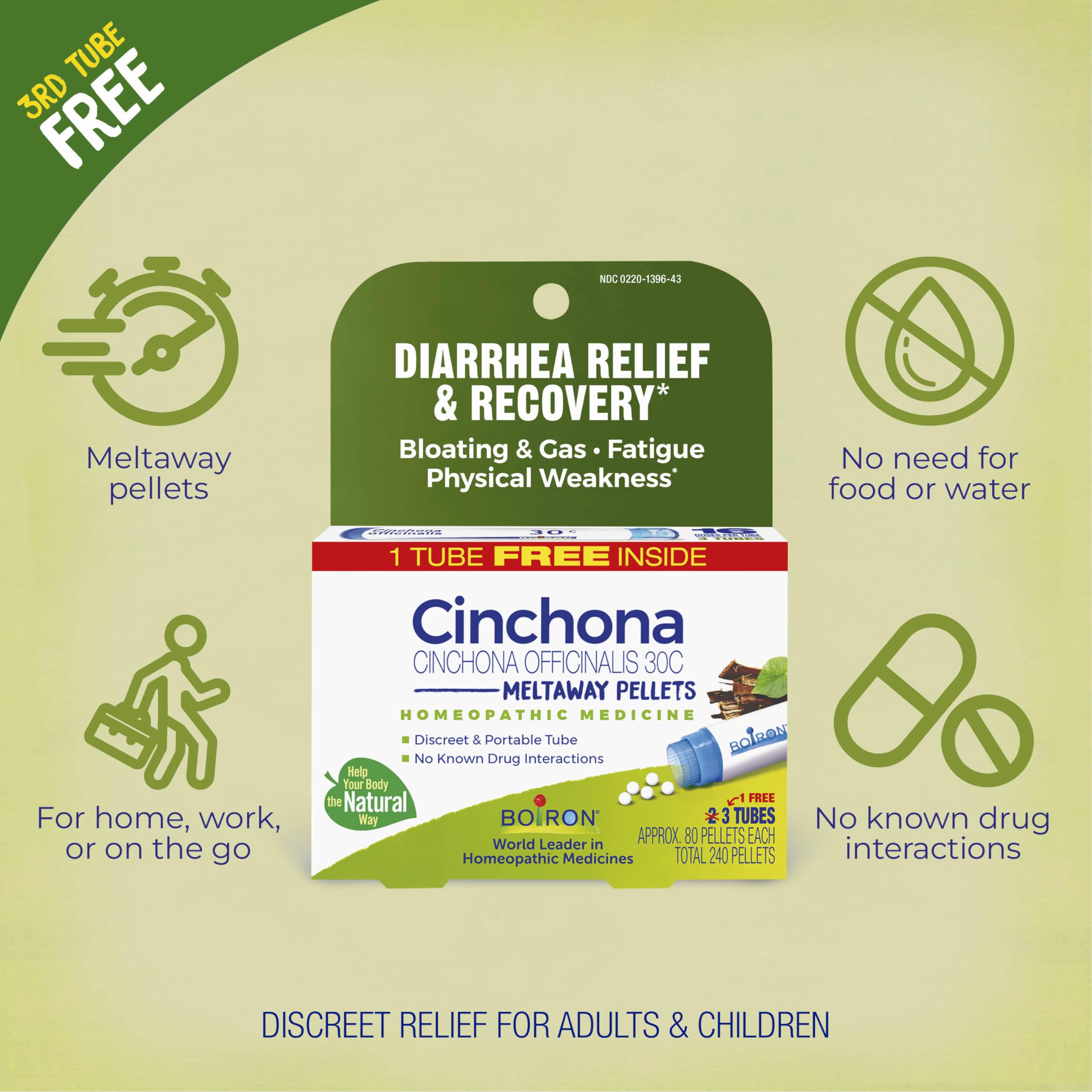 Boiron Cinchona 30C Homeopathic Diarrhea Relief – 3 Tubes, 240 Pellets