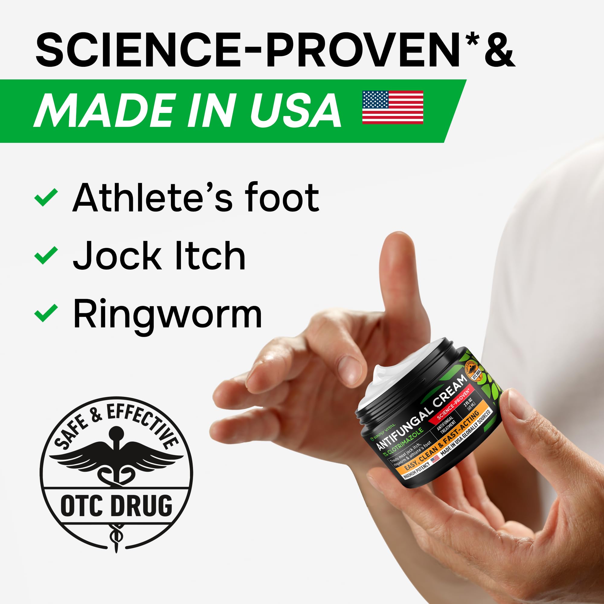 Antifungal Cream for Athlete's Foot, Ringworm & Jock Itch - Clotrimazole 1% Made in USA - Extra Strength Ring Worm, Jock Itch Cream, Anti Fungal Athletes Foot Treatment for Humans Skin Fungus - 2 oz