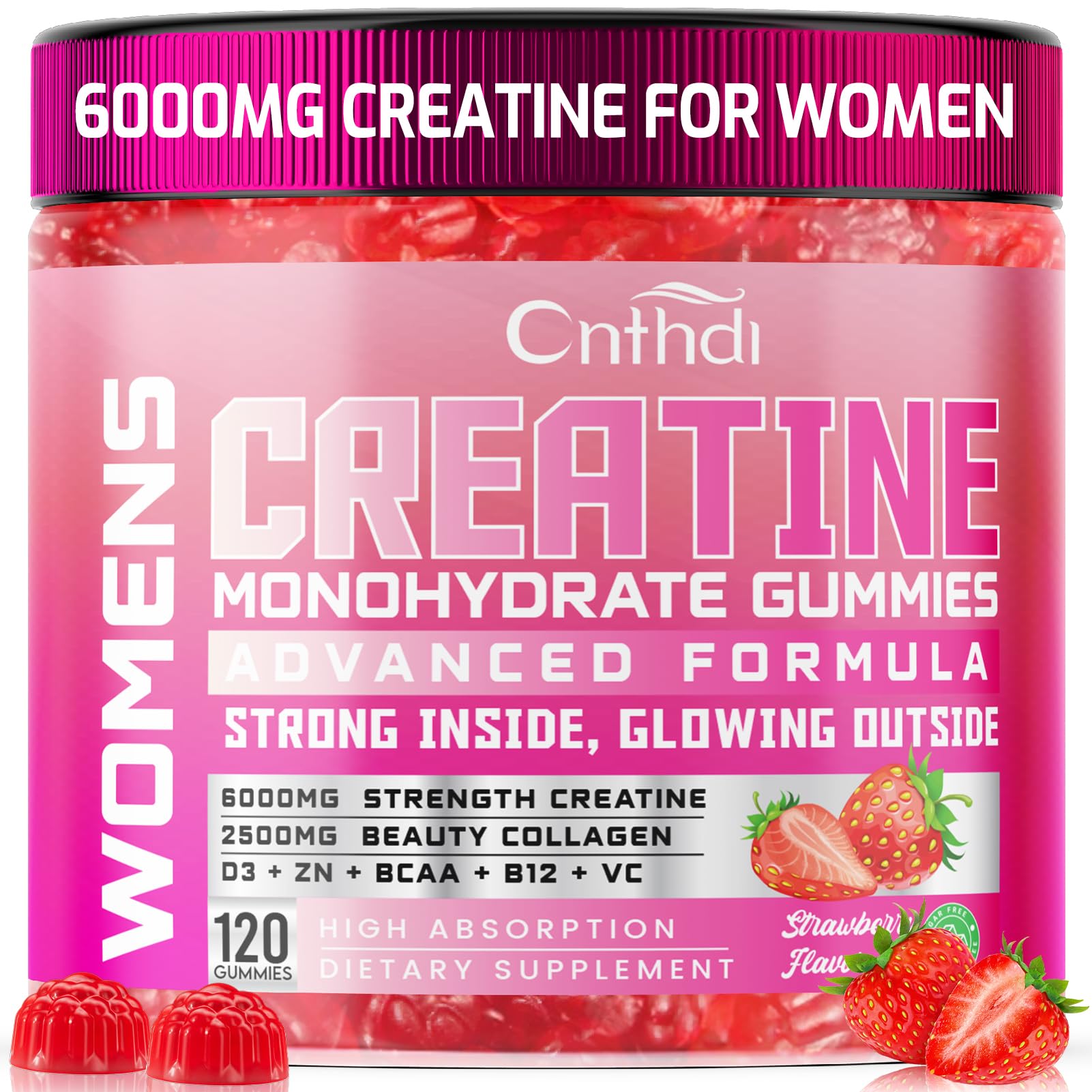 CNFHDI Creatine Monohydrate Gummies 6000mg for Women – Pre-Workout, Strawberry, Sugar Free & Non-GMO, 120 Count