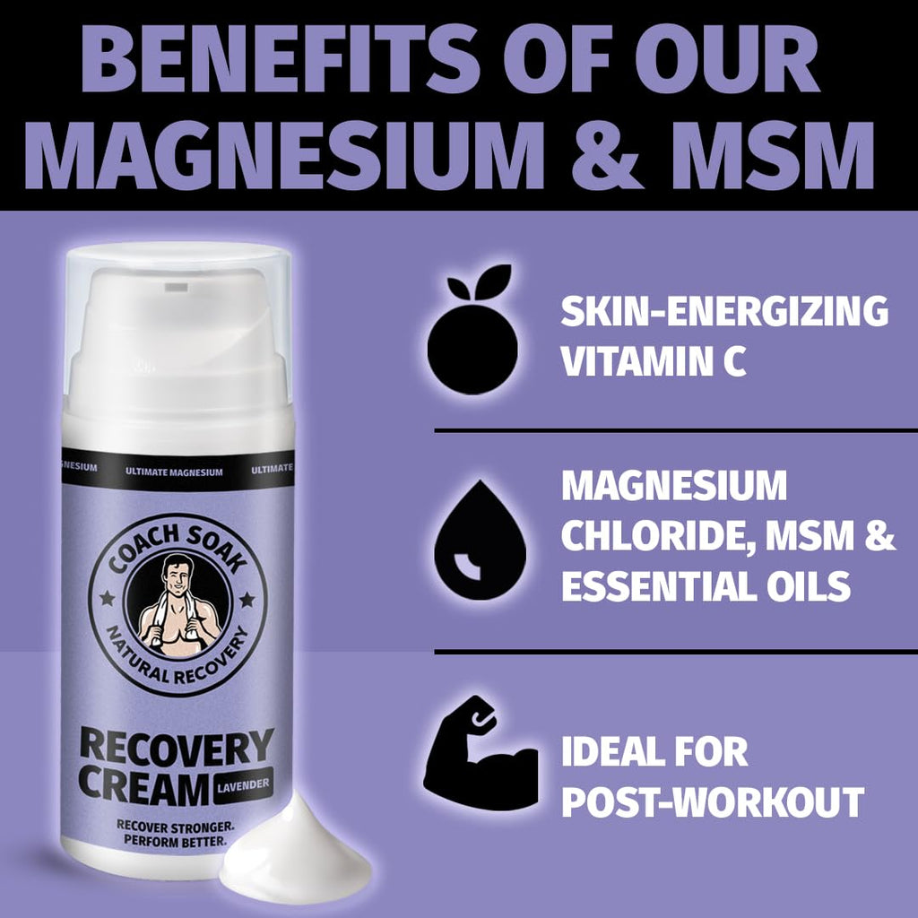 Coach Soak Magnesium Cream with MSM | Fast-Absorbing Lavender Recovery for Muscles & Joints (3.4oz)