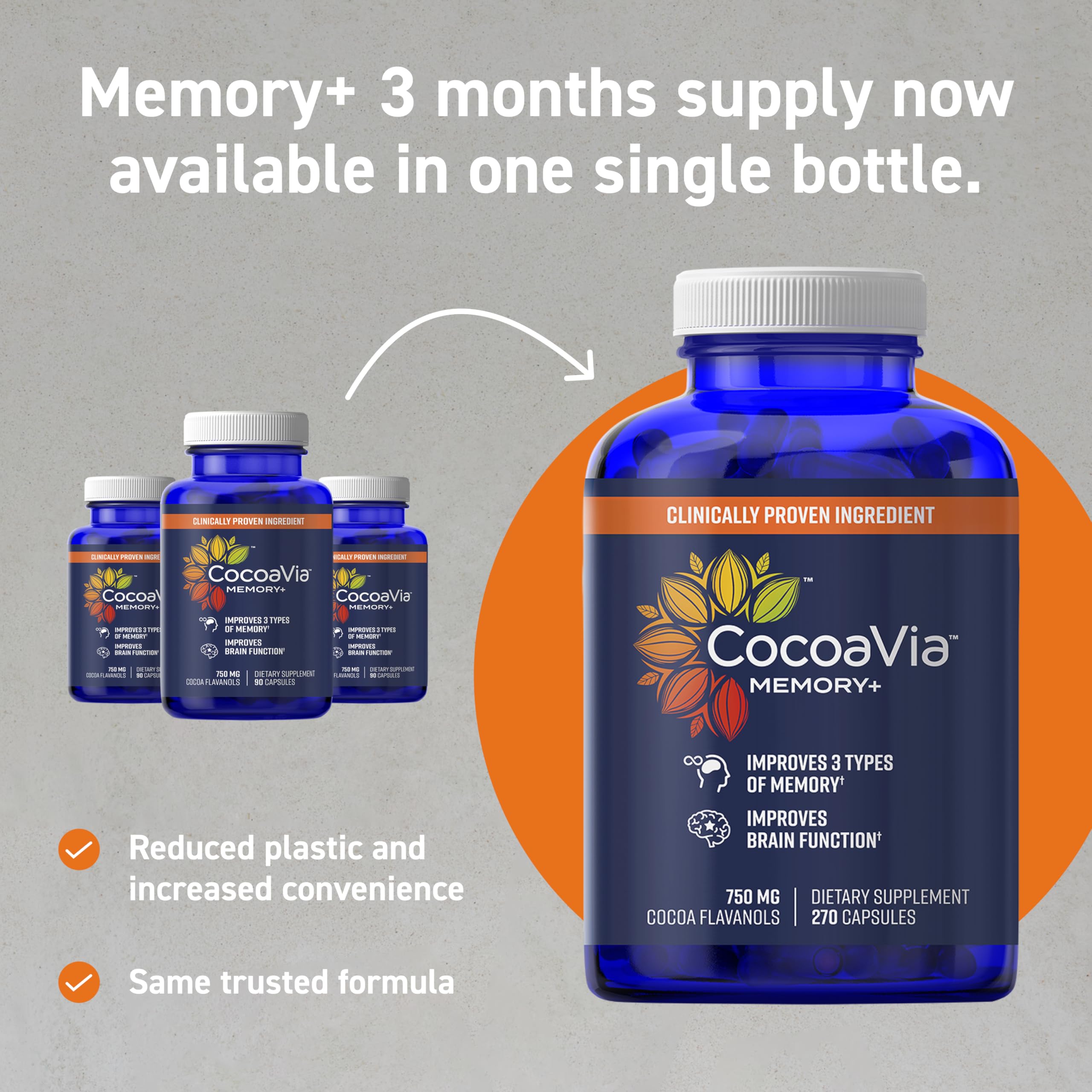 CocoaVia Memory+ Brain Supplement, 90 Day, 750 mg Cocoa Flavanols, Memory & Brain Booster, Vegan, Plant Based, Gluten Free, 270 Capsules