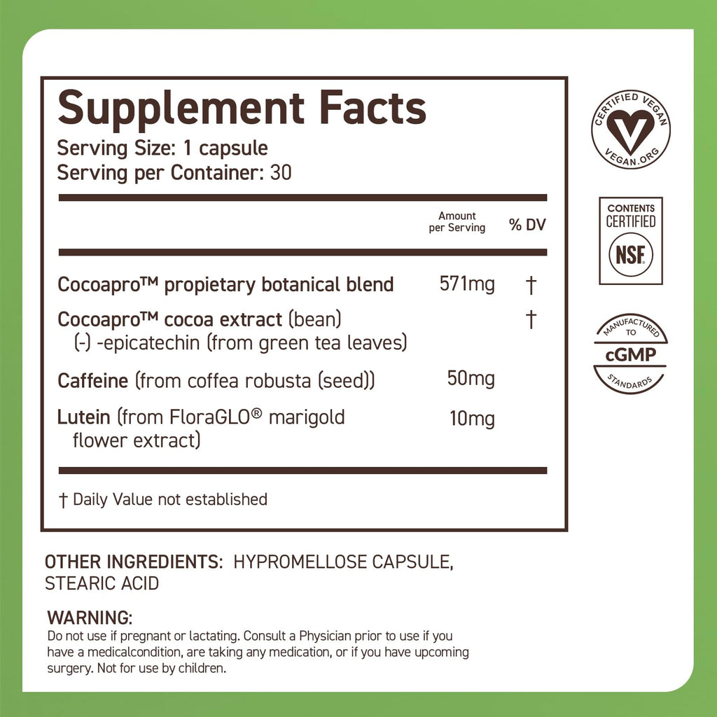 CocoaVia Memory & Focus Brain Supplement – 30 Day, Cocoa Flavanol, Lutein, Caffeine