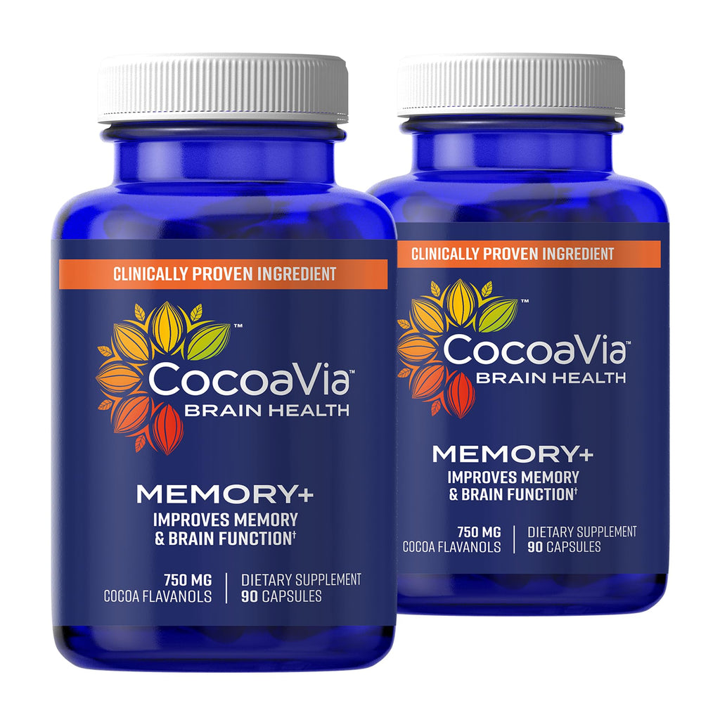 Memory+ Brain Supplement by CocoaVia | Clinically Proven 750 mg Cocoa Flavanols, Sugar Free, Vegan, 60-Day Supply