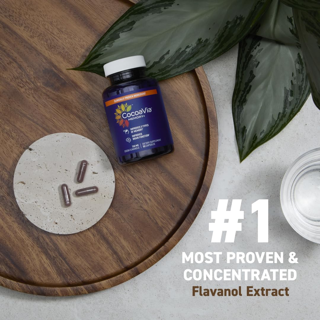 Memory+ Brain Supplement by CocoaVia | Clinically Proven 750 mg Cocoa Flavanols, Sugar Free, Vegan, 60-Day Supply