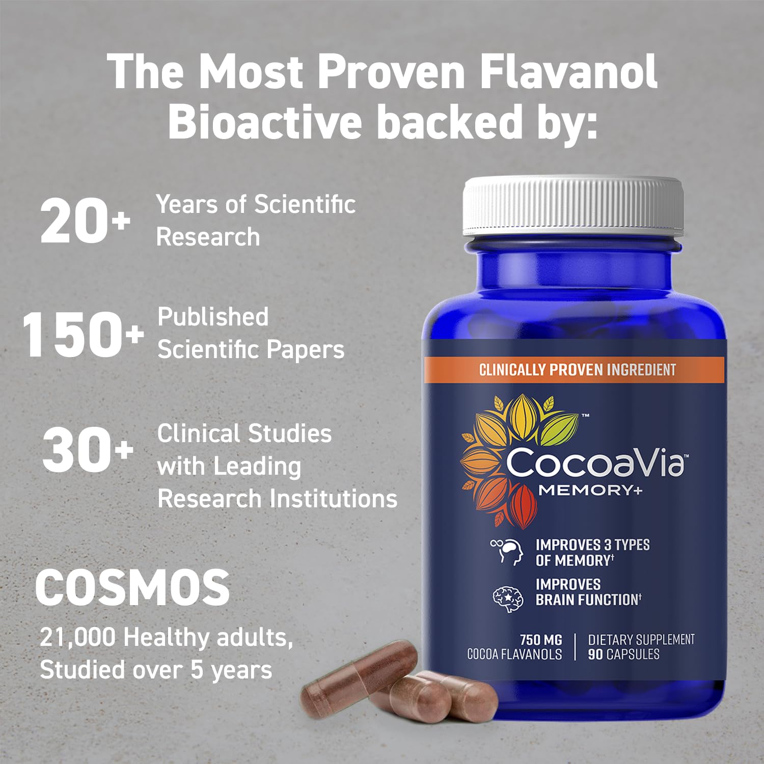 CocoaVia Memory+ Brain Supplement – 750 mg Cocoa Flavanols, Plant-Based & Sugar Free
