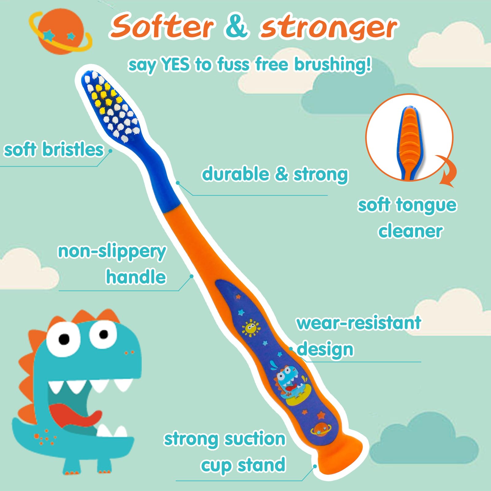 COCOBURI Dinosaurs 4-Piece Kids Toothbrush Set - Travel Cup, Cap & Carry Bag