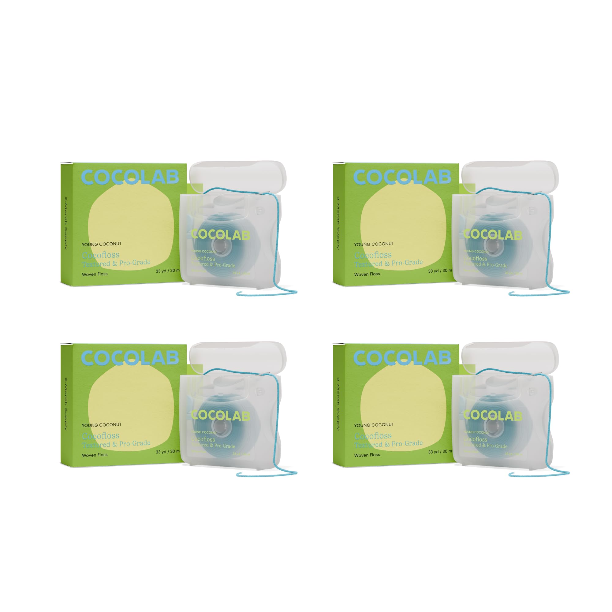 Cocolab Woven Dental Floss – Dentist-Designed, Coconut-Scented, Waxed & Expanding, Kid-Friendly | 4 Spools (33 yd Each)
