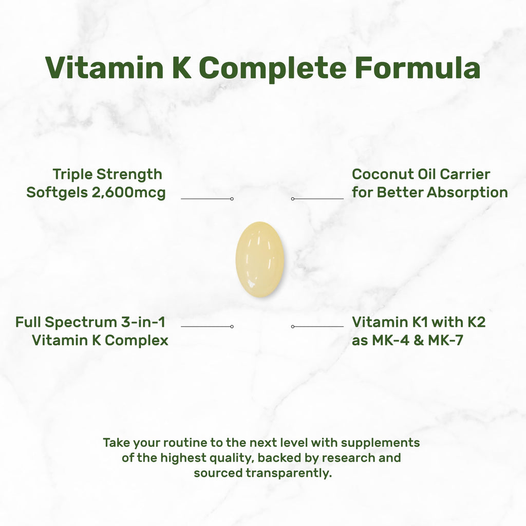 DEAL SUPPLEMENT Vitamin K Complete - 240 Coconut Oil Softgels | High Potency K1, MK-7, MK-4 | Non-GMO