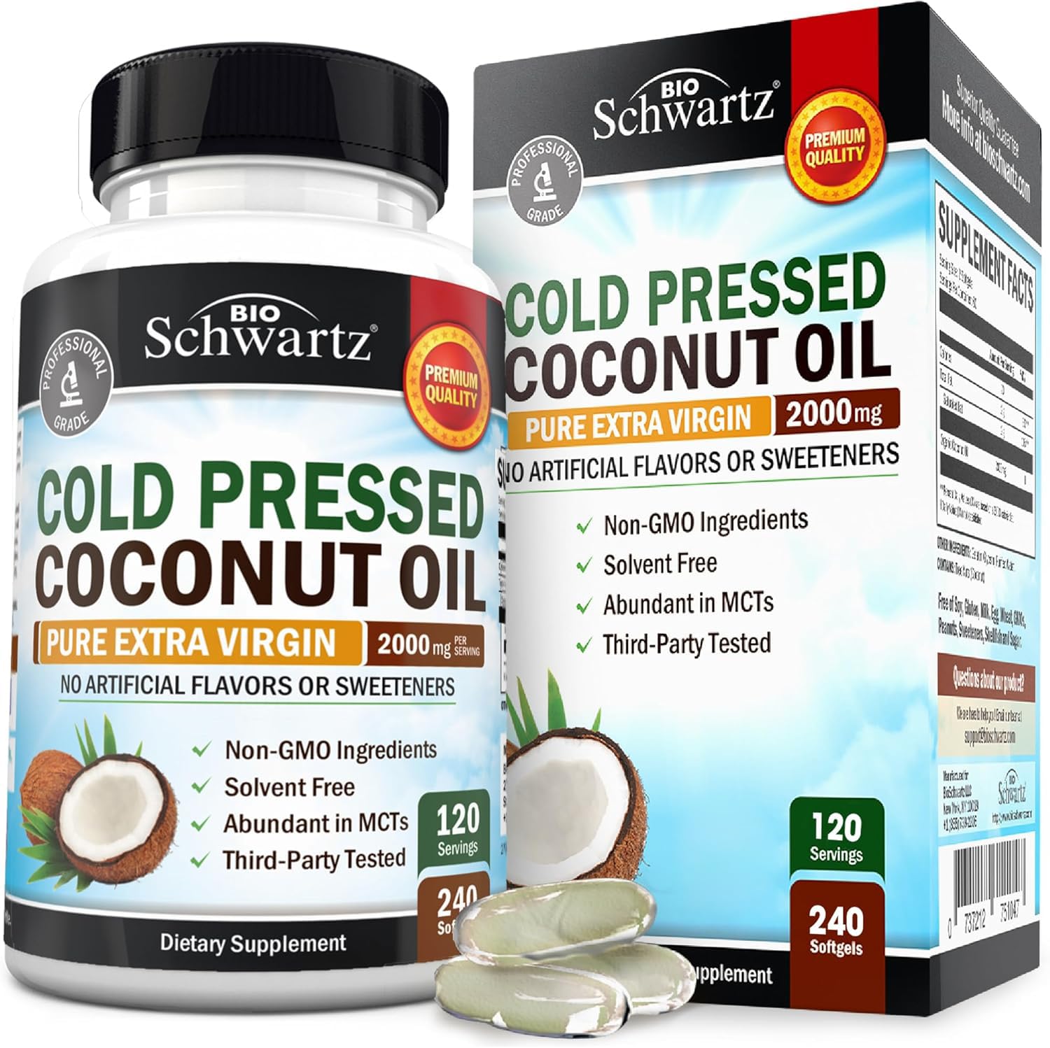 Coconut Oil Capsules 2000mg – Organic Pure Extra Virgin Cold-Pressed MCT, Non-GMO (240ct, 4-Month Supply)