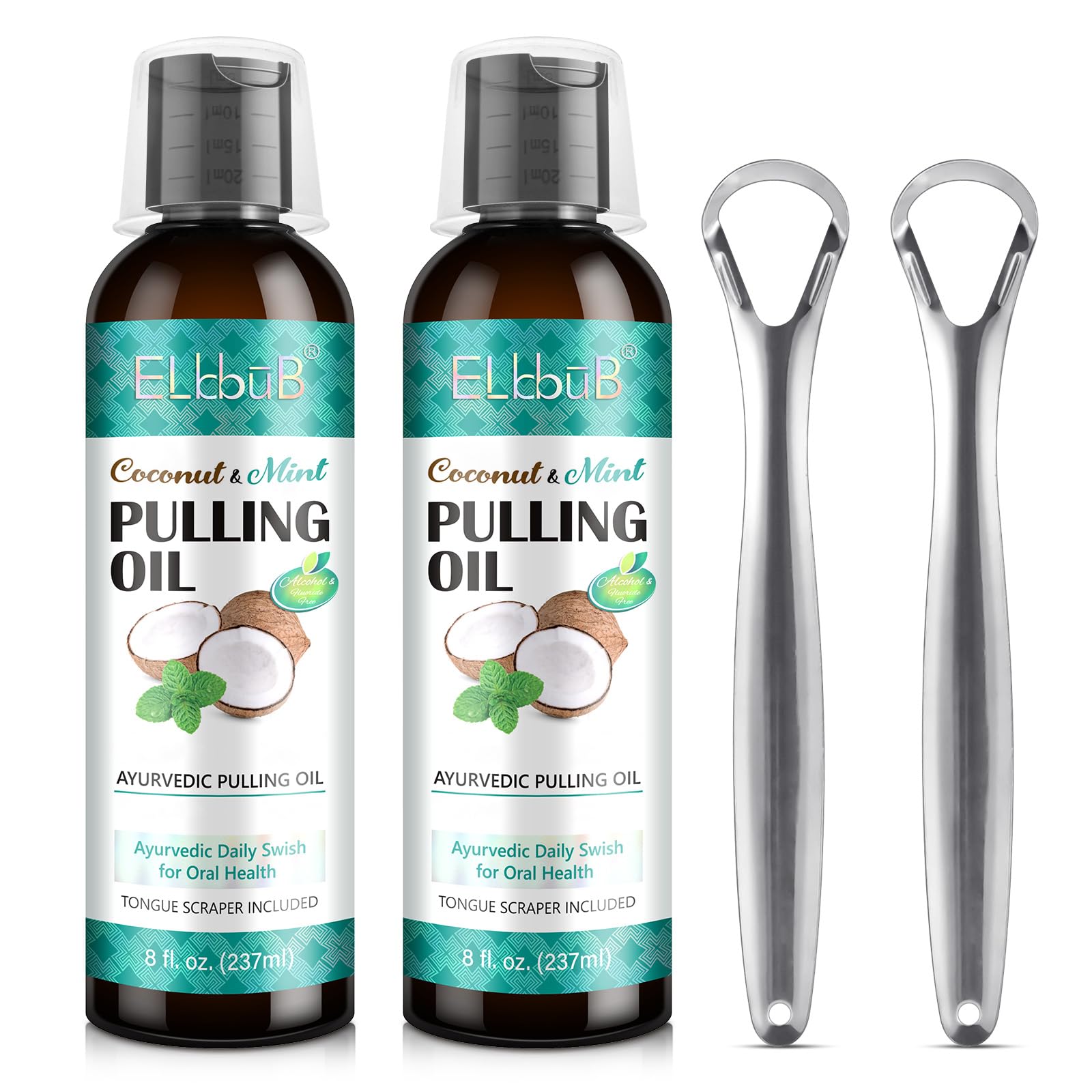 Coconut Pulling Oil with Ayurvedic Mint – Oil Pulling Mouthwash with Tongue Scraper | Fresh Breath, Teeth Whitening & Healthy Gums | Alcohol-Free 8 Fl Oz 2-Pack