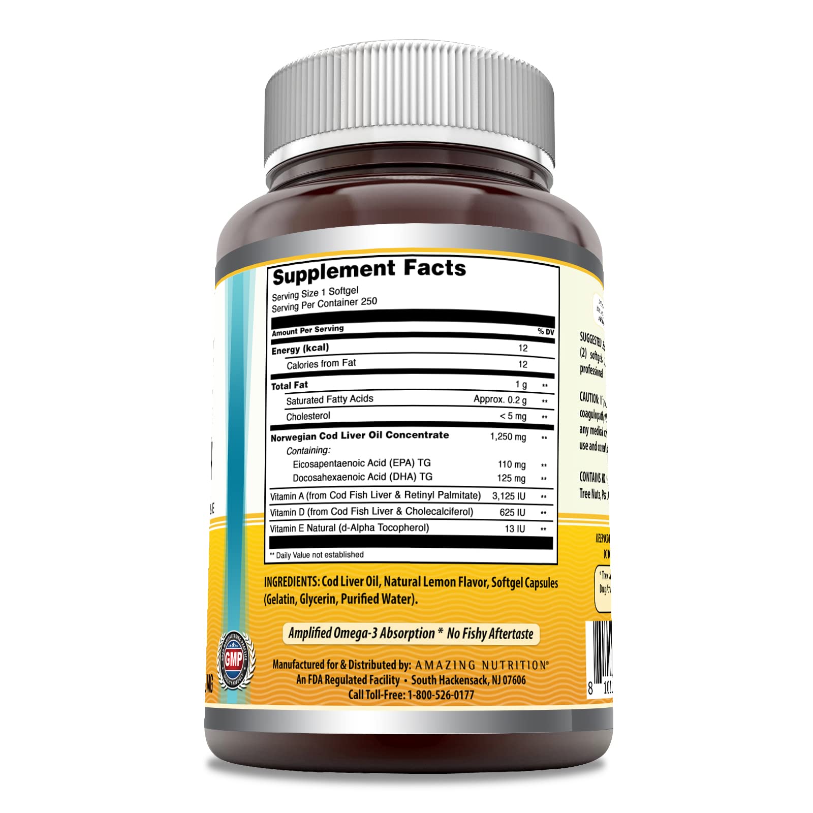 Amazing Omega Norwegian Cod Liver Oil 1250 mg Softgels – Omega-3 EPA DHA (Lemon, 250 Count)