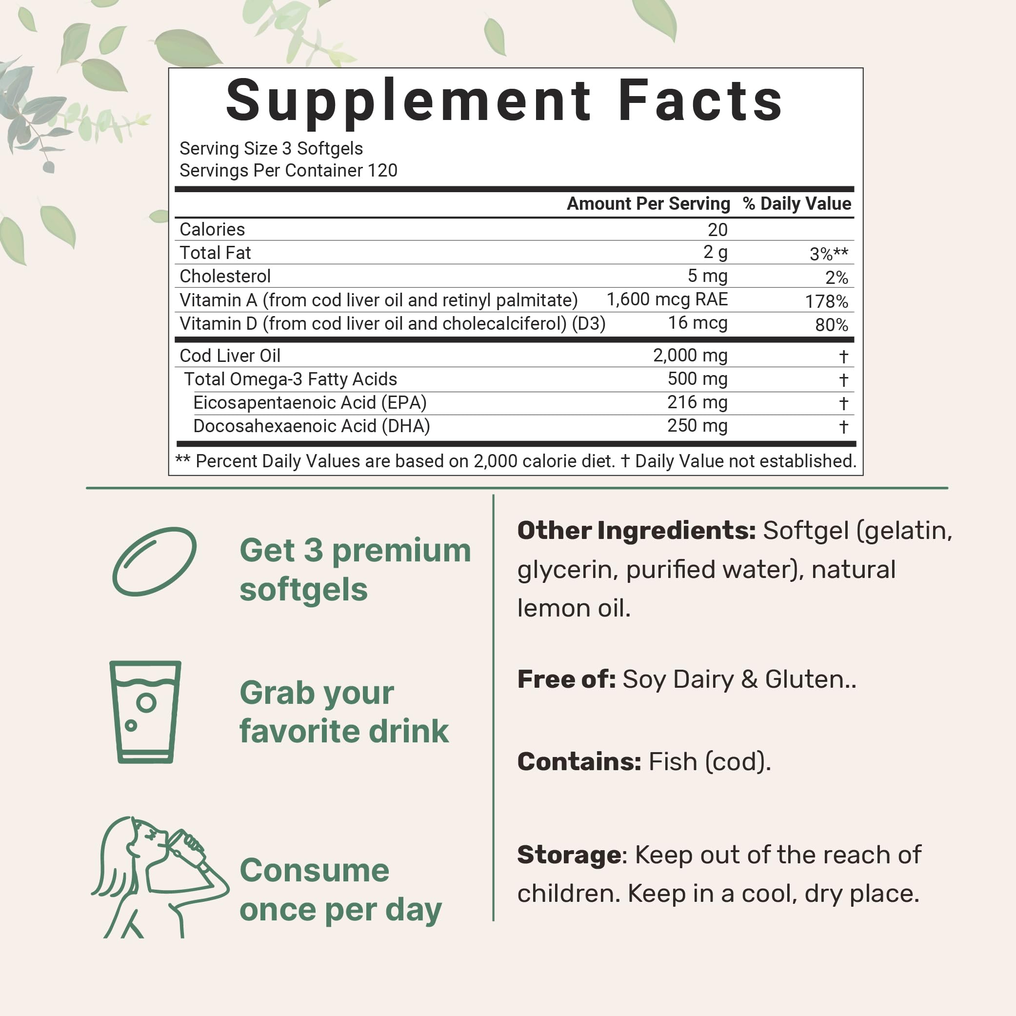 Cod Liver Oil 2,000mg – 360 Burpless Lemon Softgels | Omega-3 EPA/DHA, Vitamins A & D3