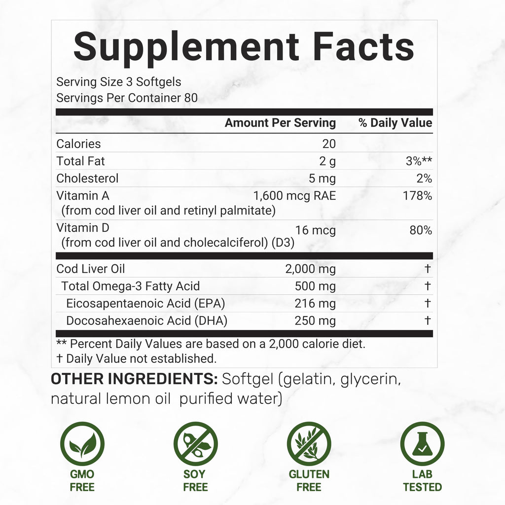Wild Caught Cod Liver Oil 2,000mg | 240 Softgels | Burpless Lemon Flavor